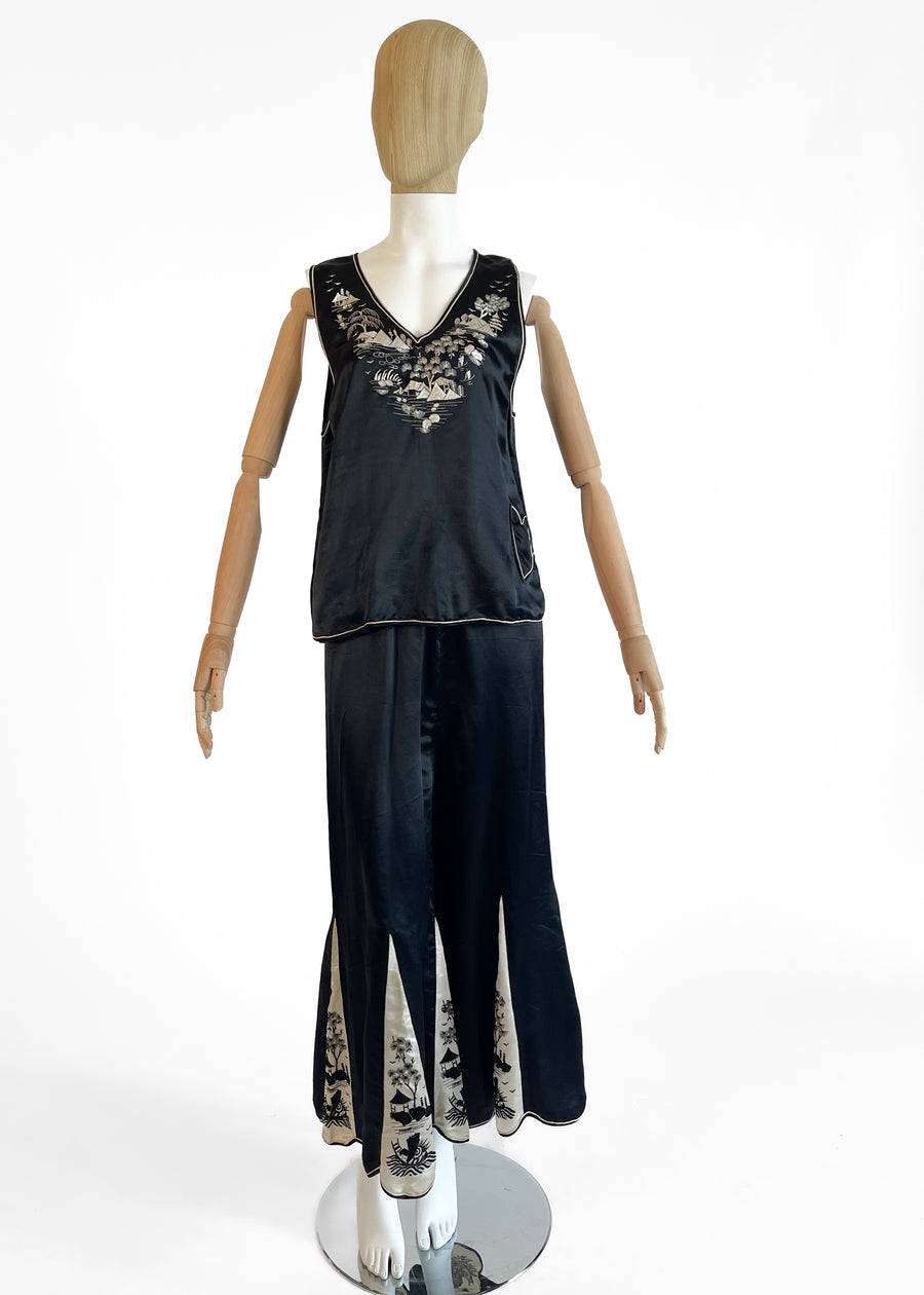 1920s Embroidered Silk Lounging Pajamas