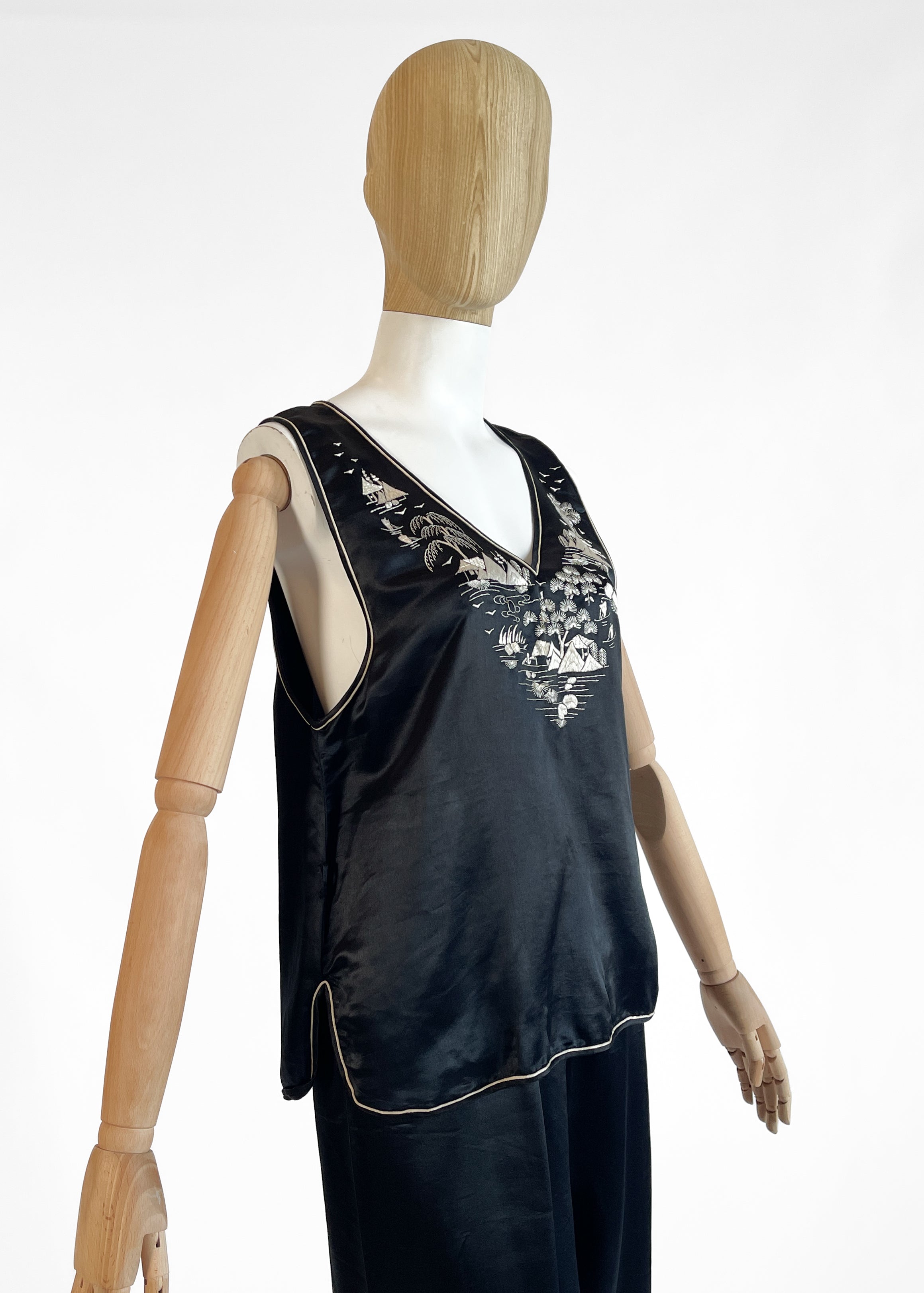 1920s Embroidered Silk Lounging Pajamas