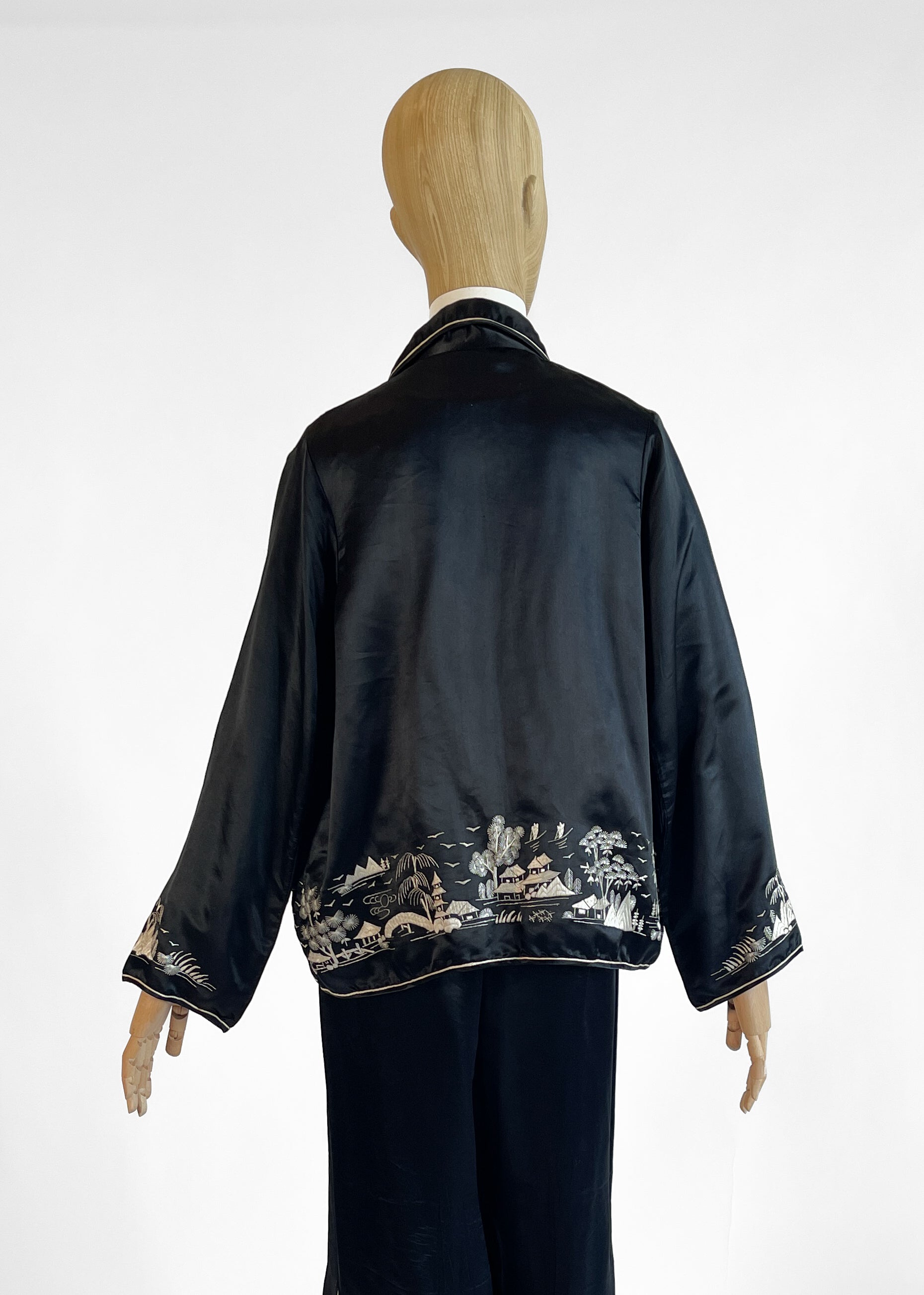 1920s Embroidered Silk Lounging Pajamas