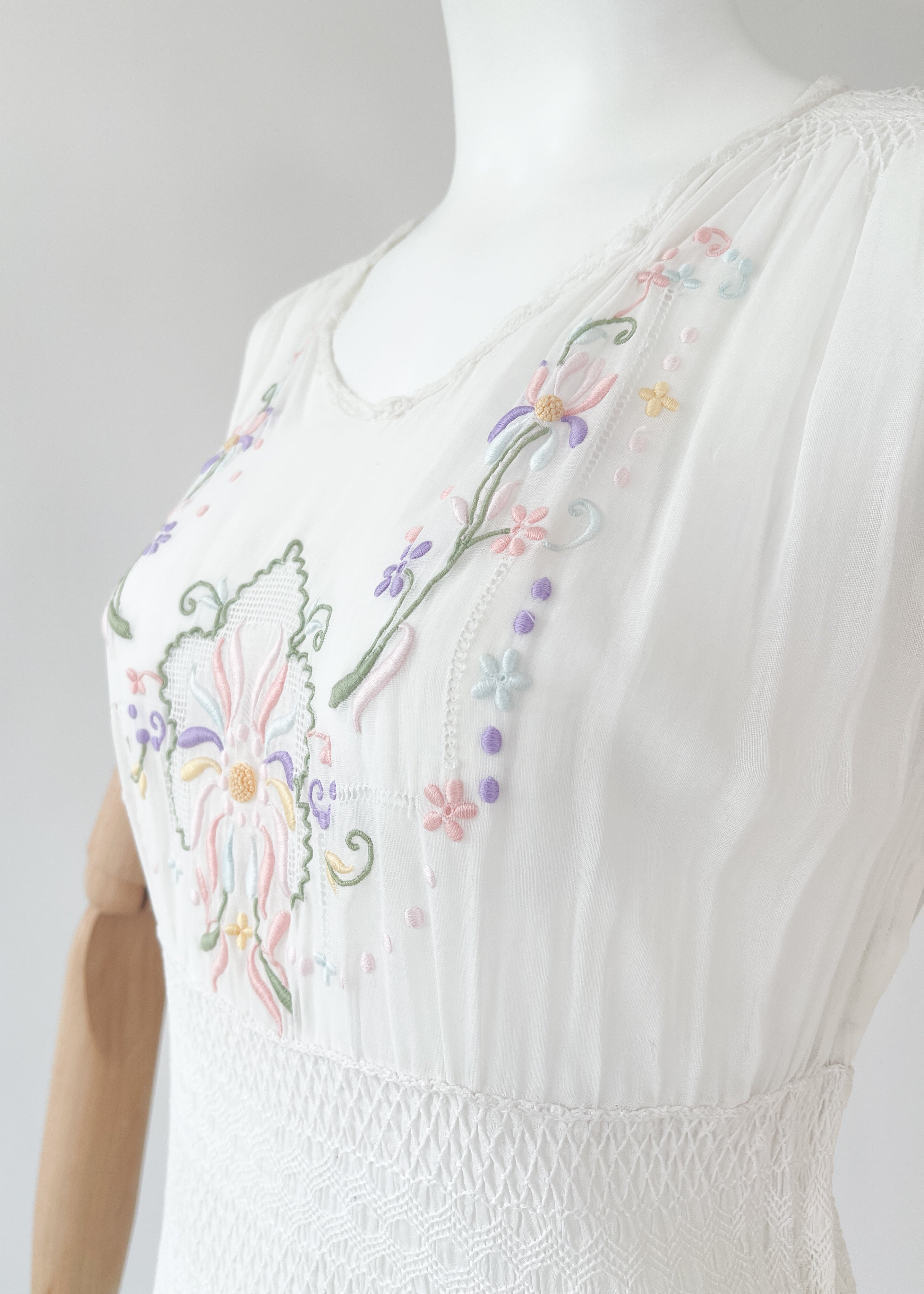 Vintage Embroidered Cotton Smocked Dress