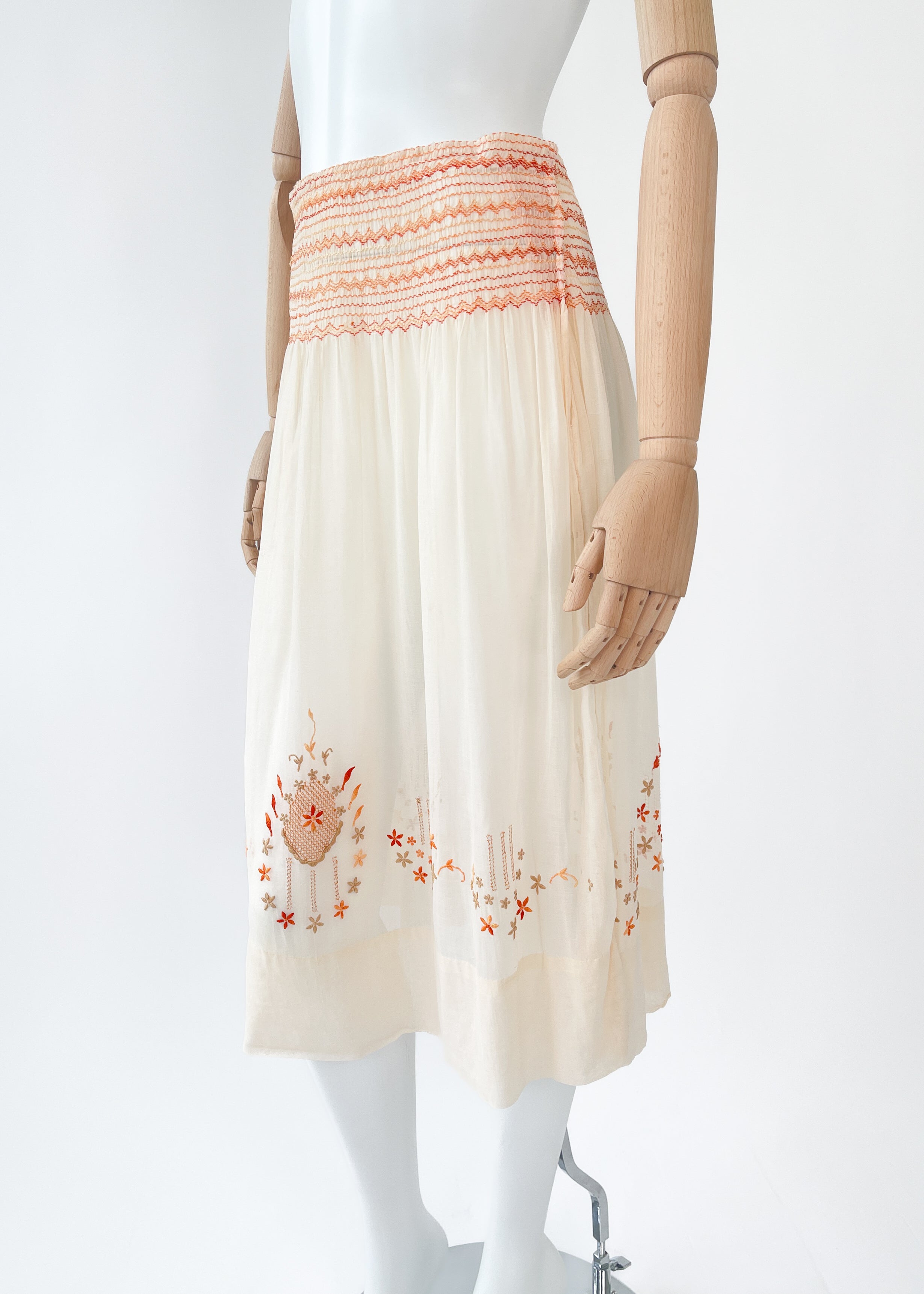 Vintage Embroidered Cotton Smocked Skirt