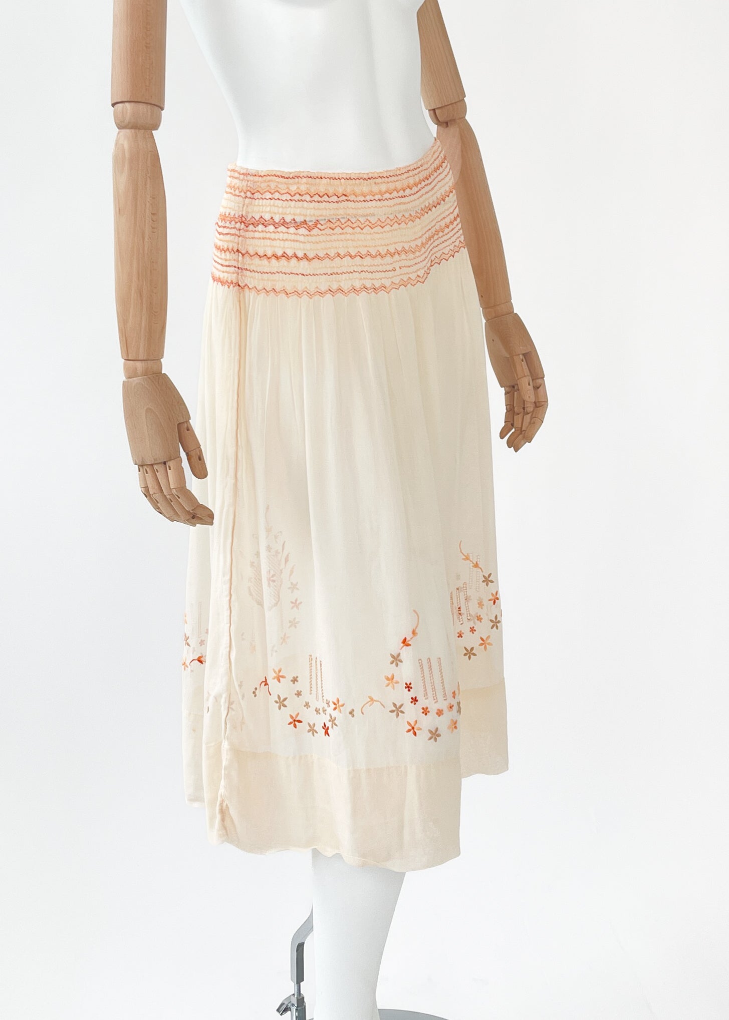 Vintage Embroidered Cotton Smocked Skirt
