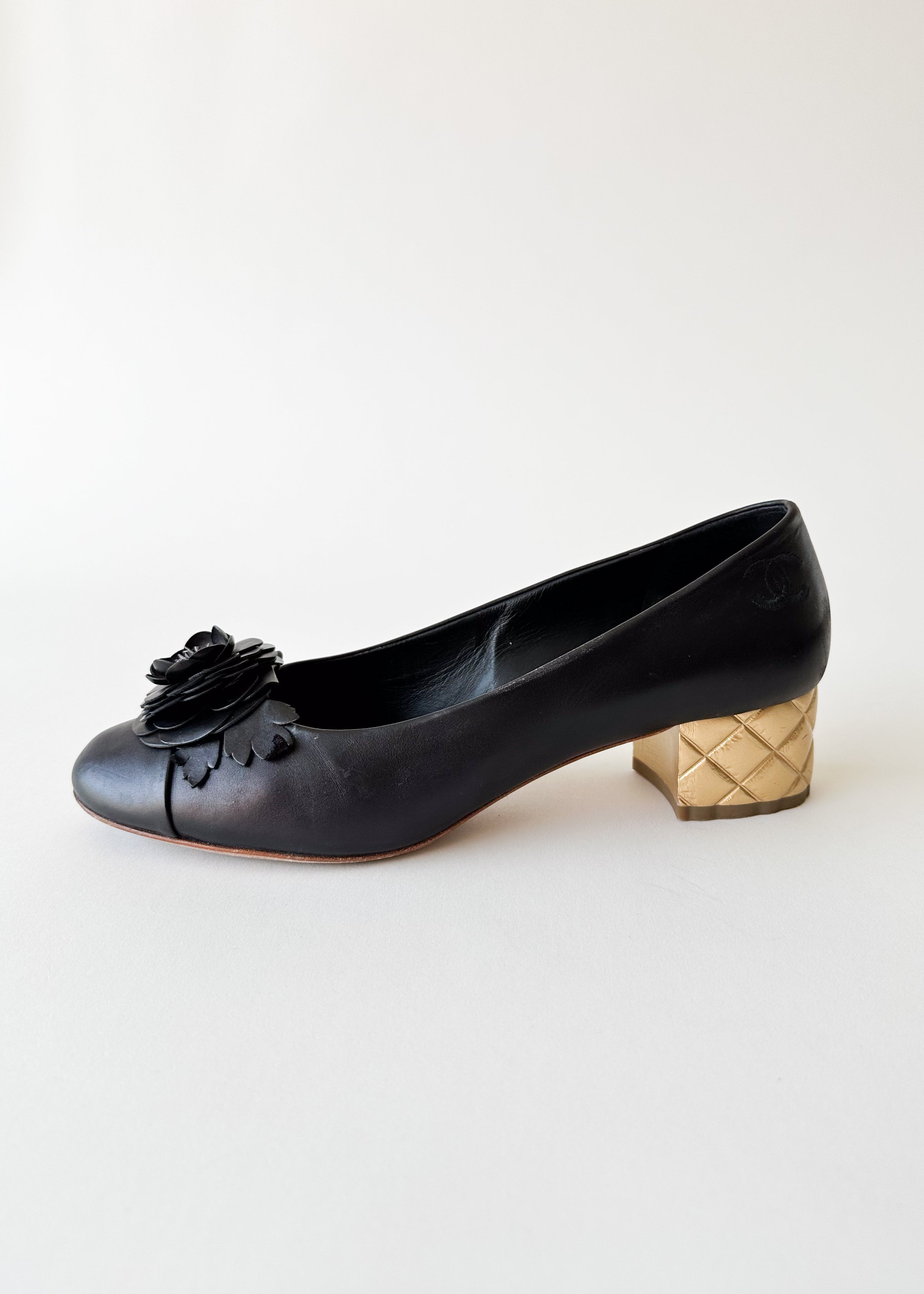 Vintage Chanel Camelia Cap Toe Quilted Heel Pumps