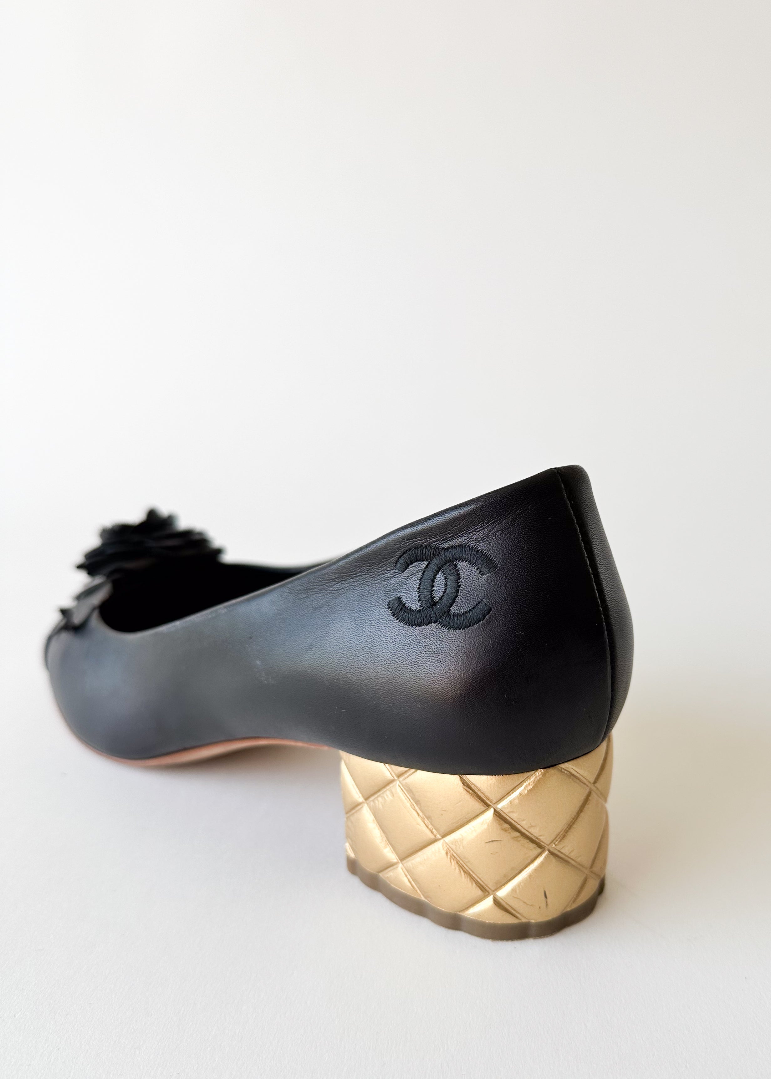 Vintage Chanel Camelia Cap Toe Quilted Heel Pumps
