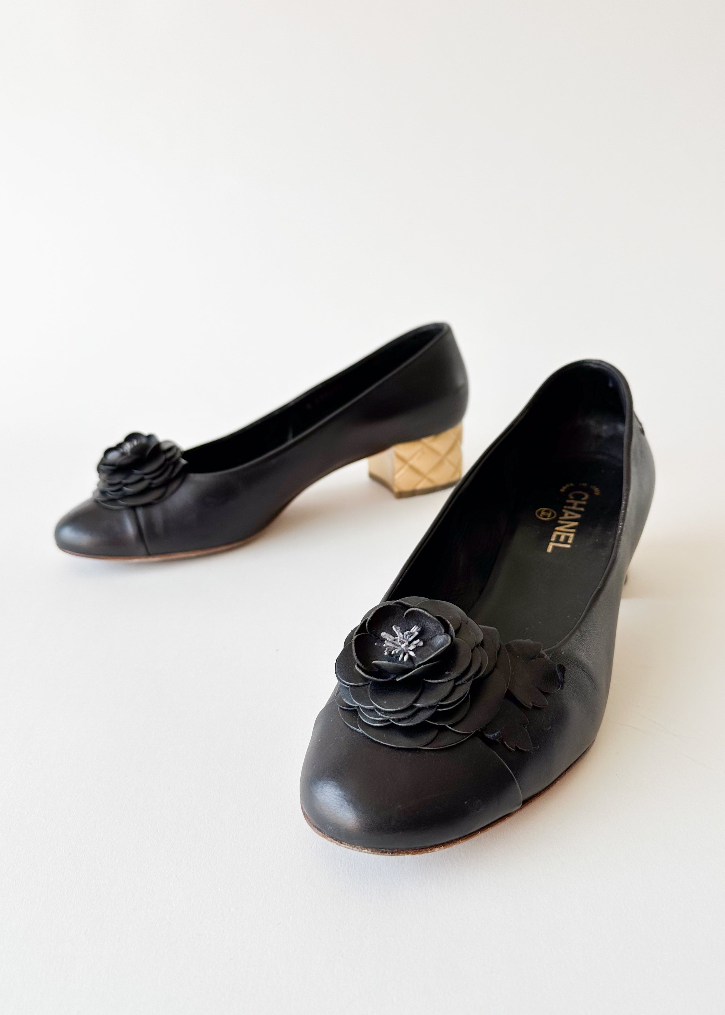 Vintage Chanel Camelia Cap Toe Quilted Heel Pumps
