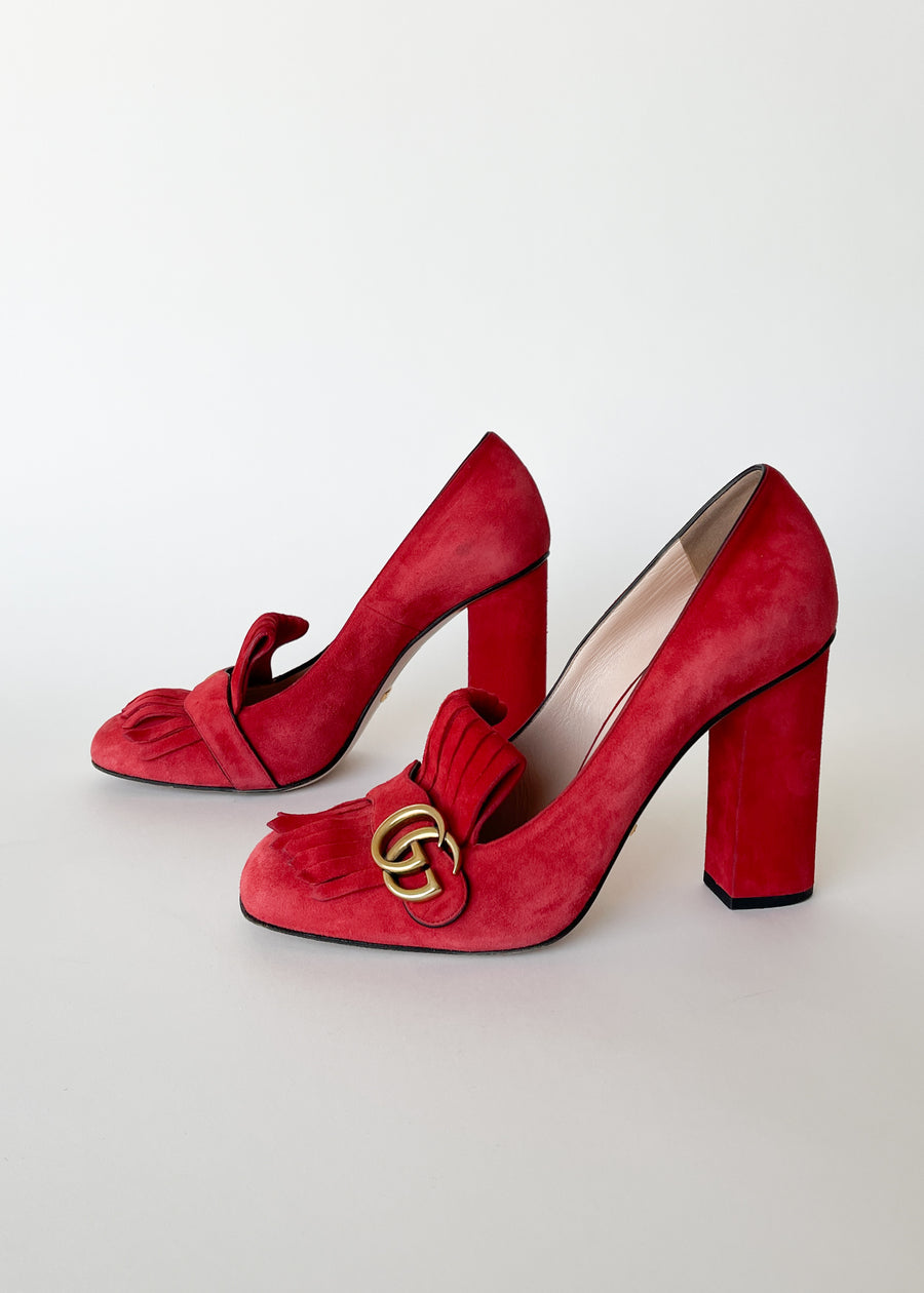Gucci Red Suede GG Marmont Fringe Block Heel Pumps