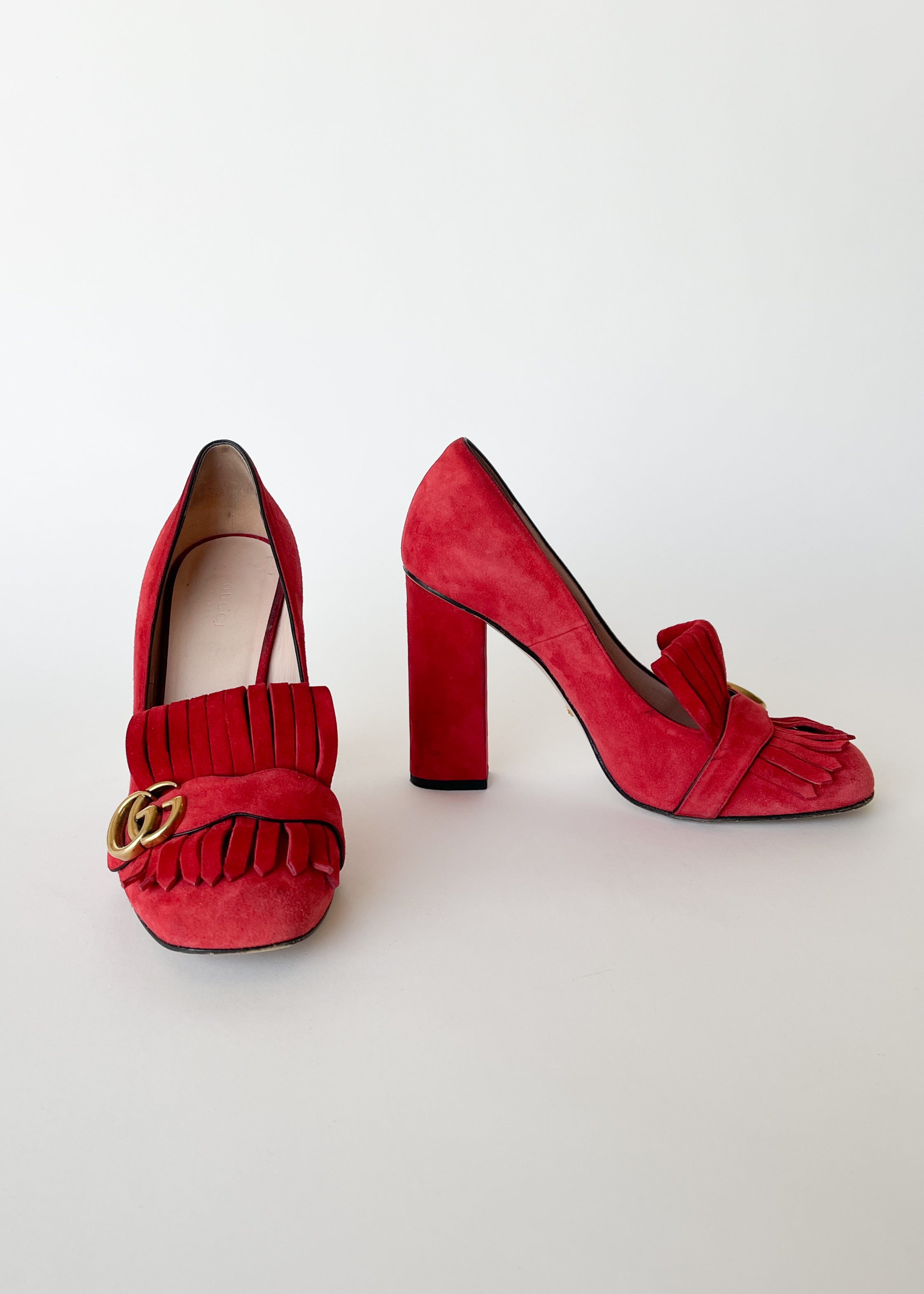 Vintage Gucci Red Suede GG Marmont Fringe Block Heel Pumps