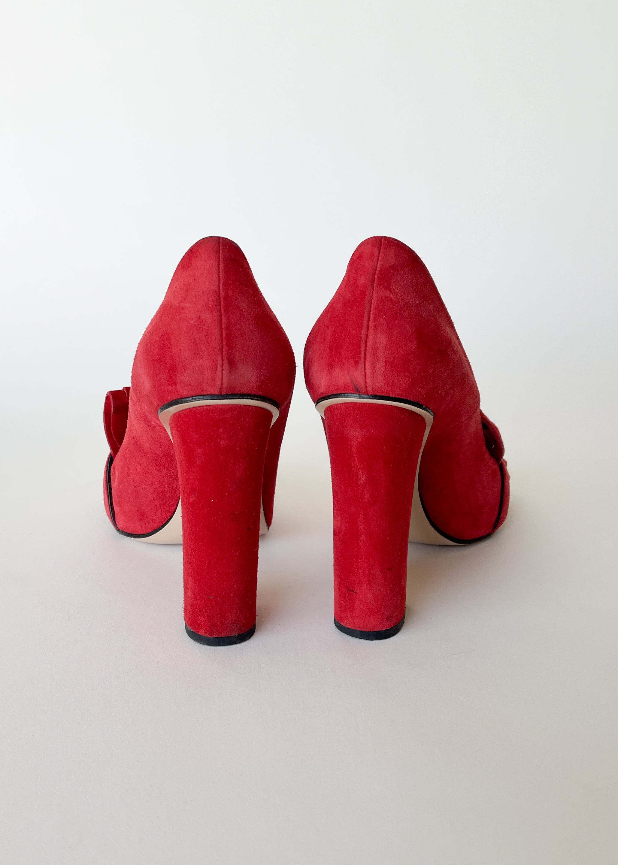 Vintage Gucci Red Suede GG Marmont Fringe Block Heel Pumps