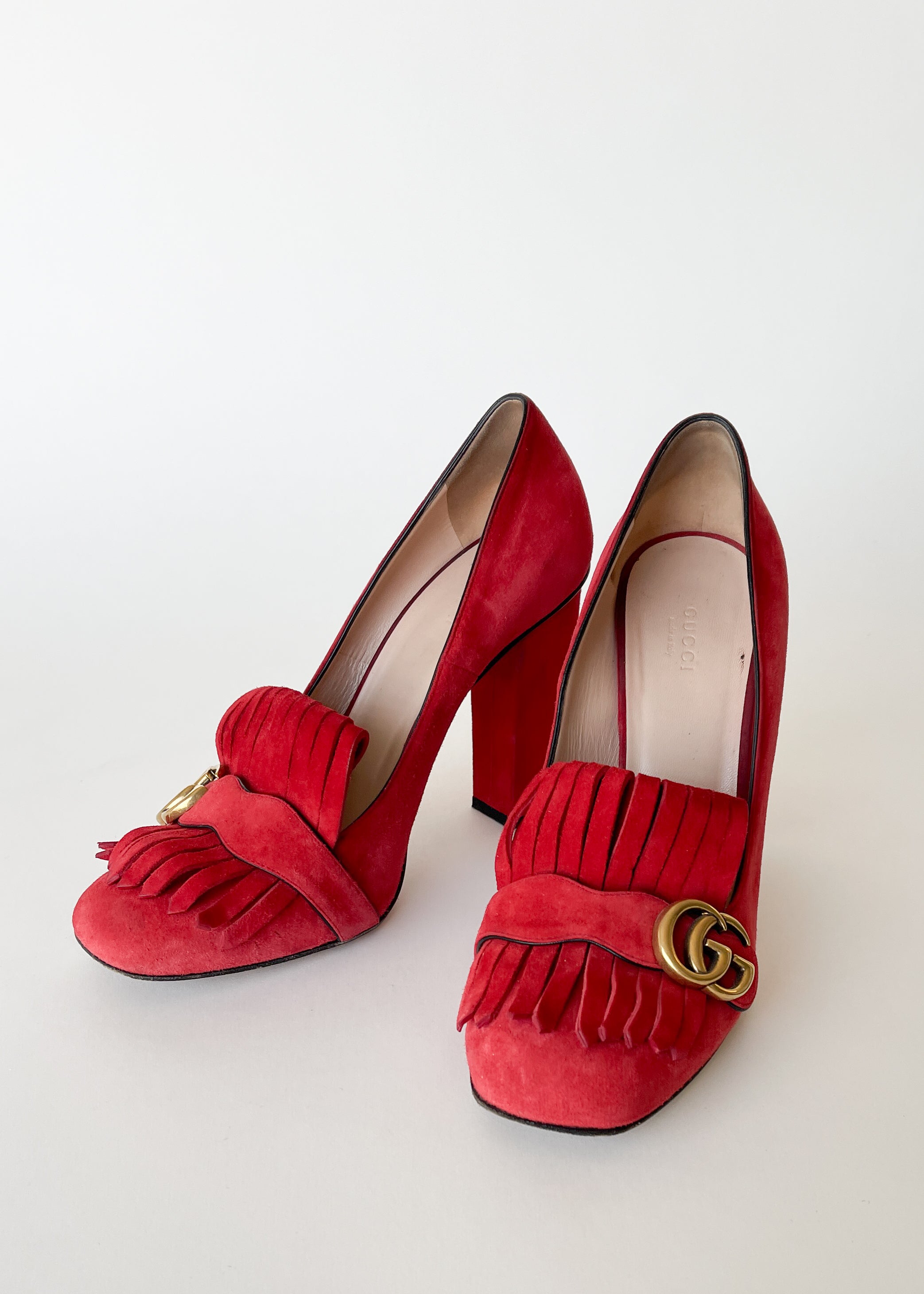 Vintage Gucci Red Suede GG Marmont Fringe Block Heel Pumps