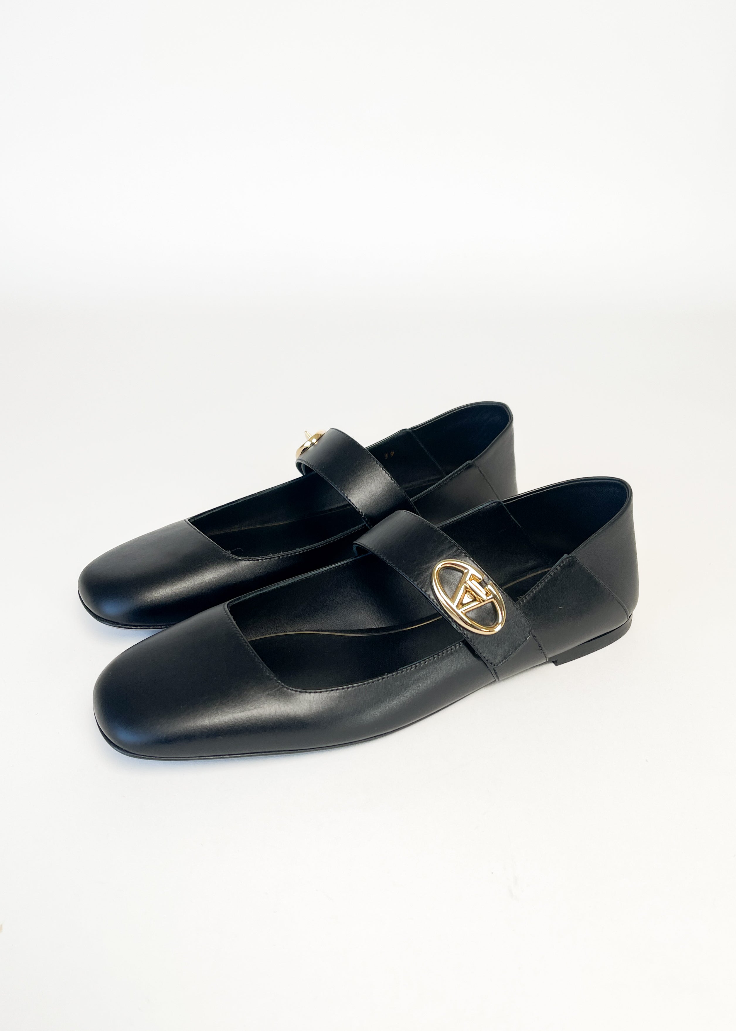 Valentino Garavani Black Leather Mary Jane Ballet Flats — Size 39