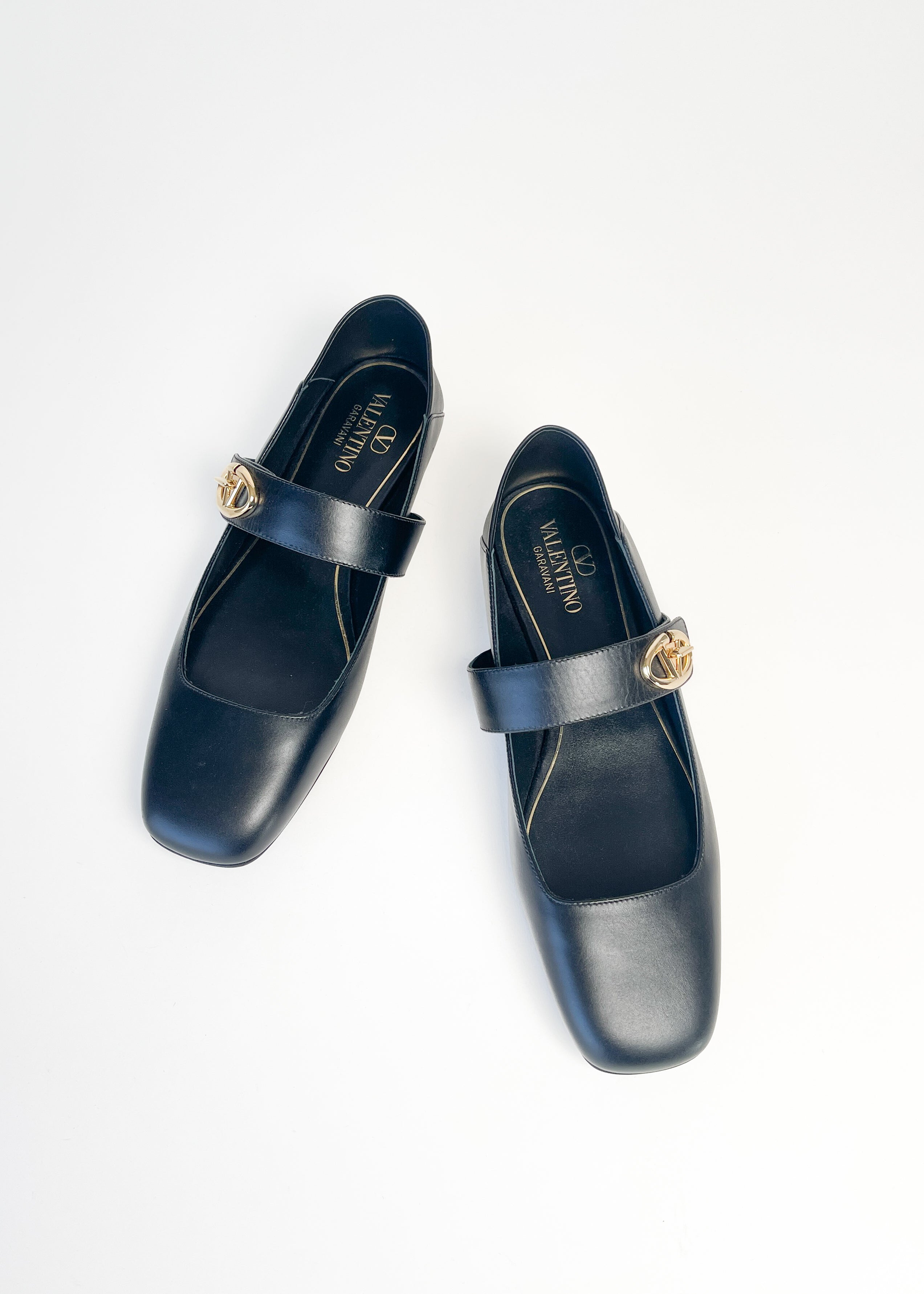 Valentino Garavani Black Leather Mary Jane Ballet Flats — Size 39