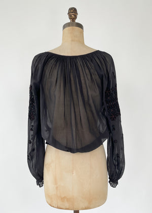 Vintage 1930s Black Gauze Embroidered Blouse