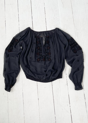 Vintage 1930s Black Gauze Embroidered Blouse