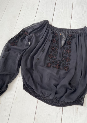 Vintage 1930s Black Gauze Embroidered Blouse