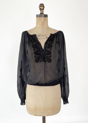 Vintage 1930s Black Gauze Embroidered Blouse