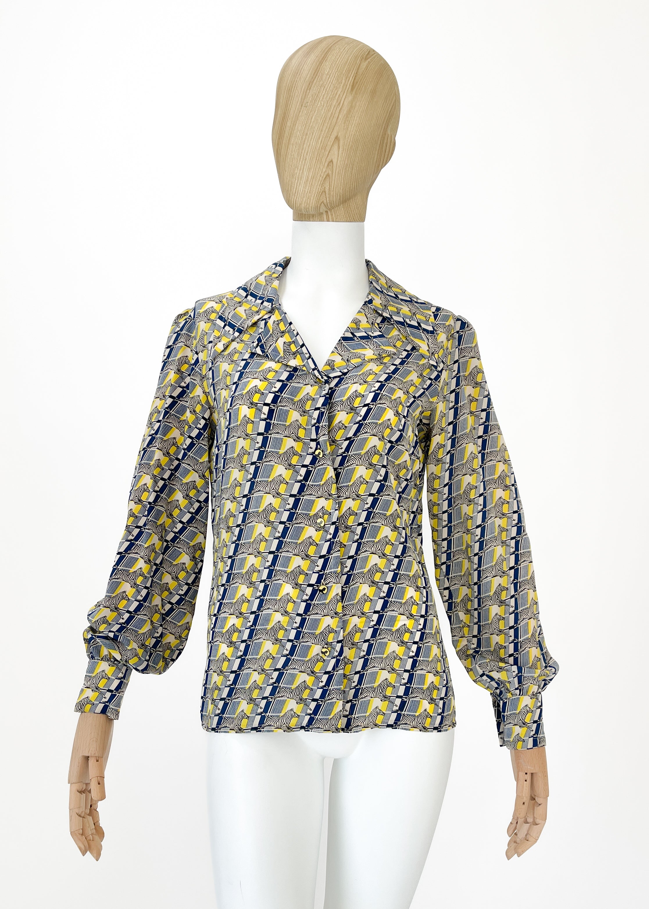 Vintage 1970s Gucci Silk Zebra Print Shirt — Blue & Yellow, Made