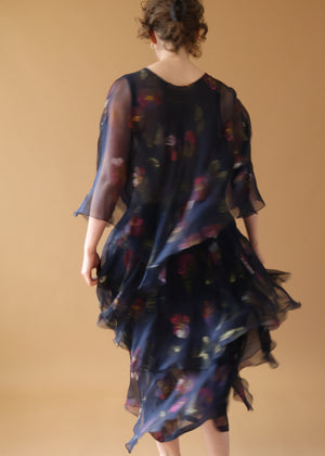 Vintage 1970s Italian Hand Painted Silk Tiered Dress