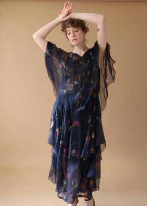 Vintage 1970s Italian Hand Painted Silk Tiered Dress