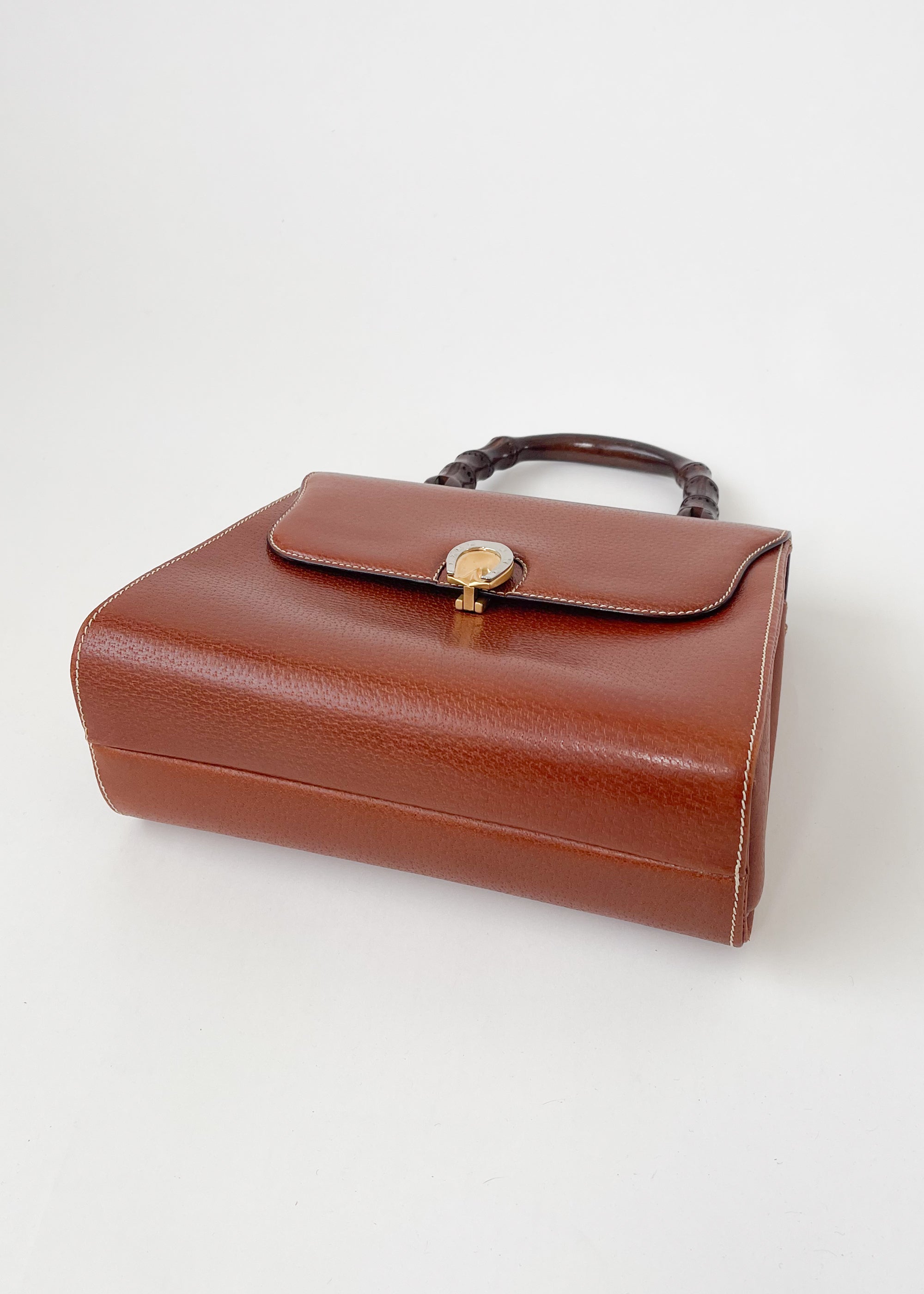Vintage Gucci Leather Handbag with Carved Wood Handle