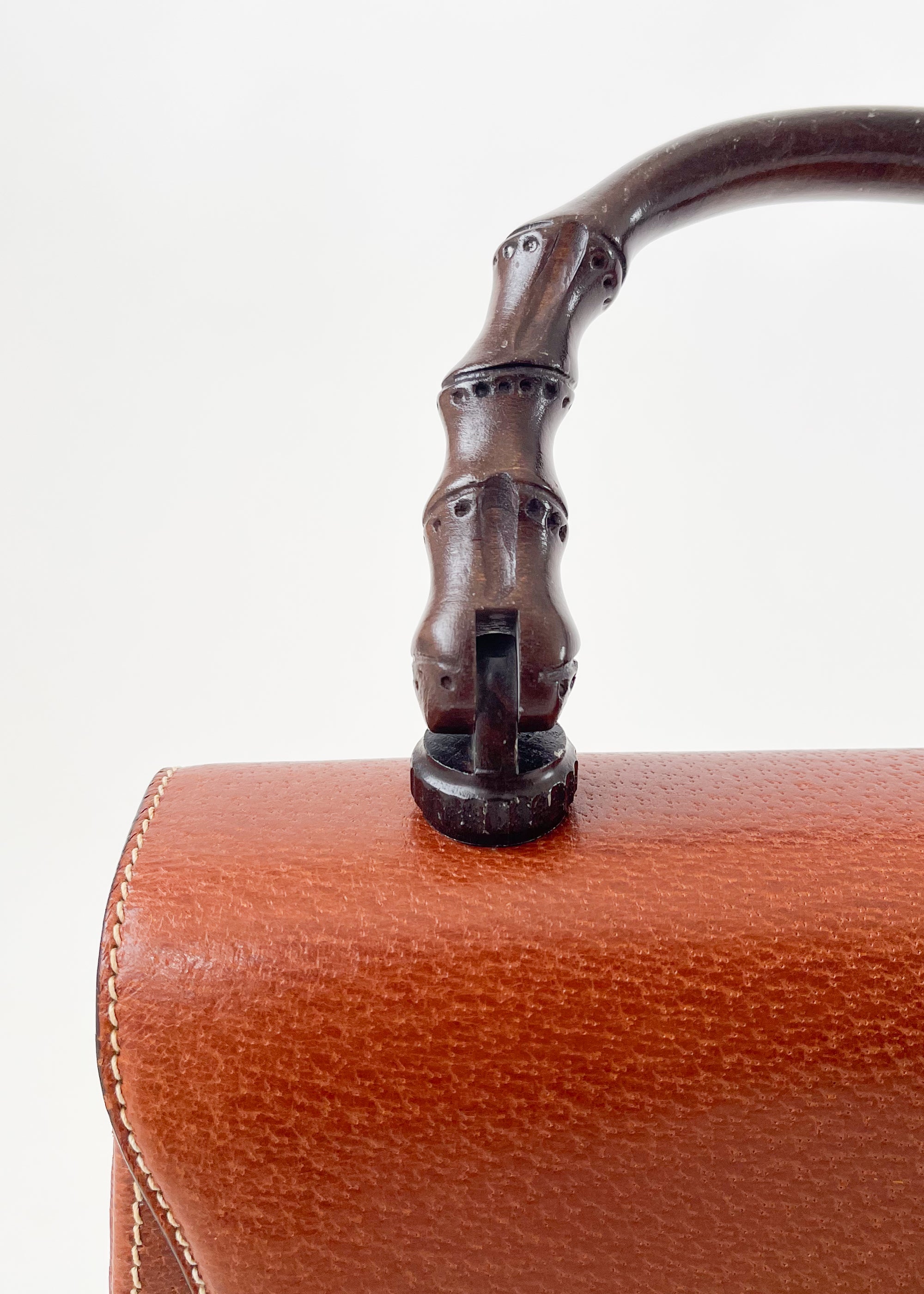 Vintage Gucci Leather Handbag with Carved Wood Handle