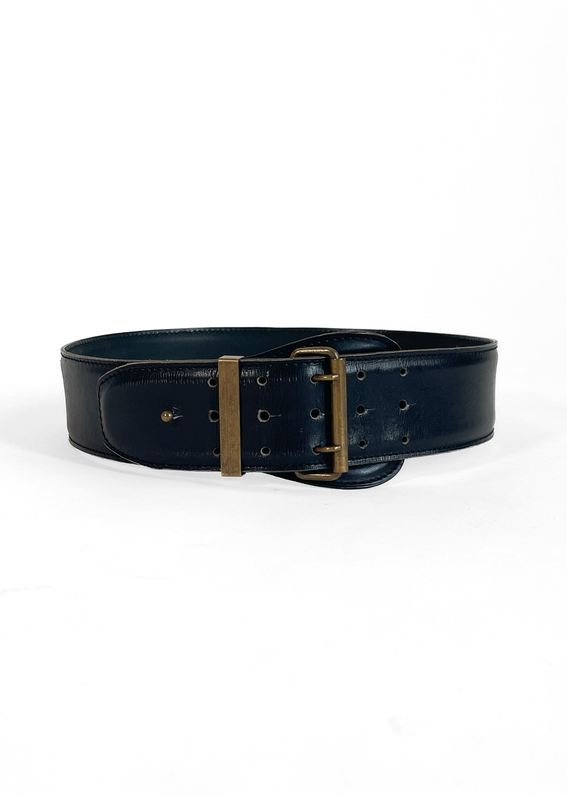 Vintage 1987 Alaïa black wide leather belt with double-prong buckle, front view, white background