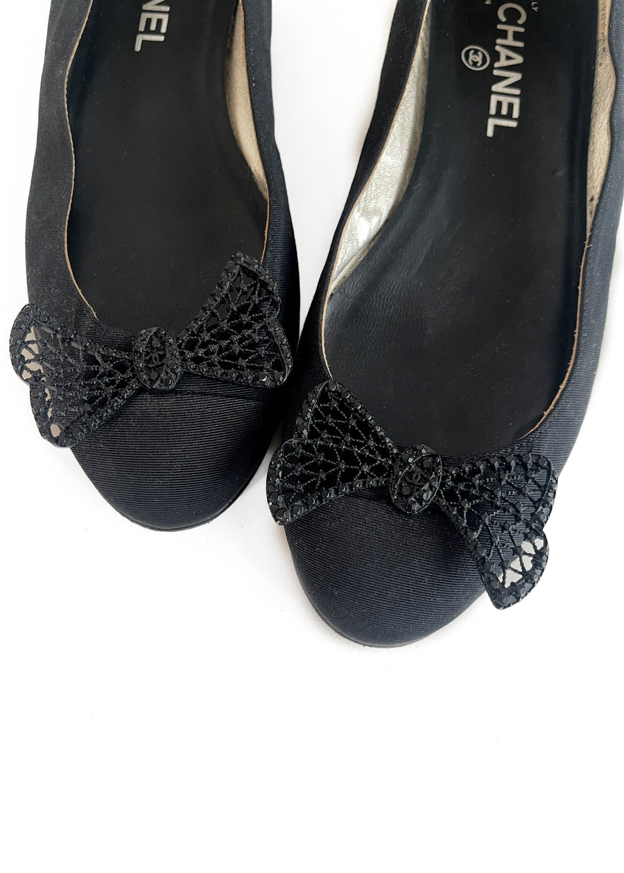 Vintage Chanel Black Ballet Flats with Metal Bows