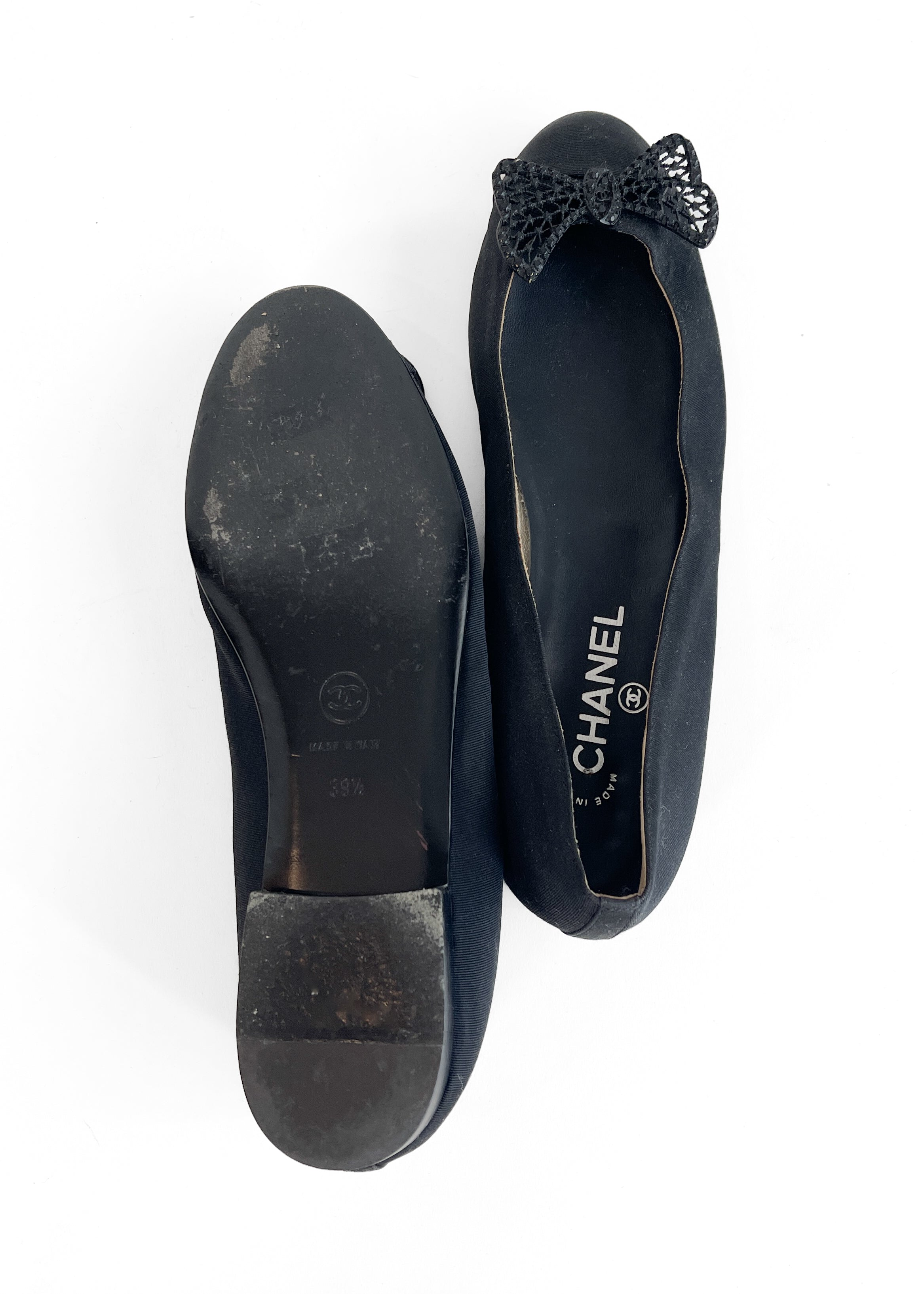 Vintage Chanel Black Ballet Flats with Metal Bows
