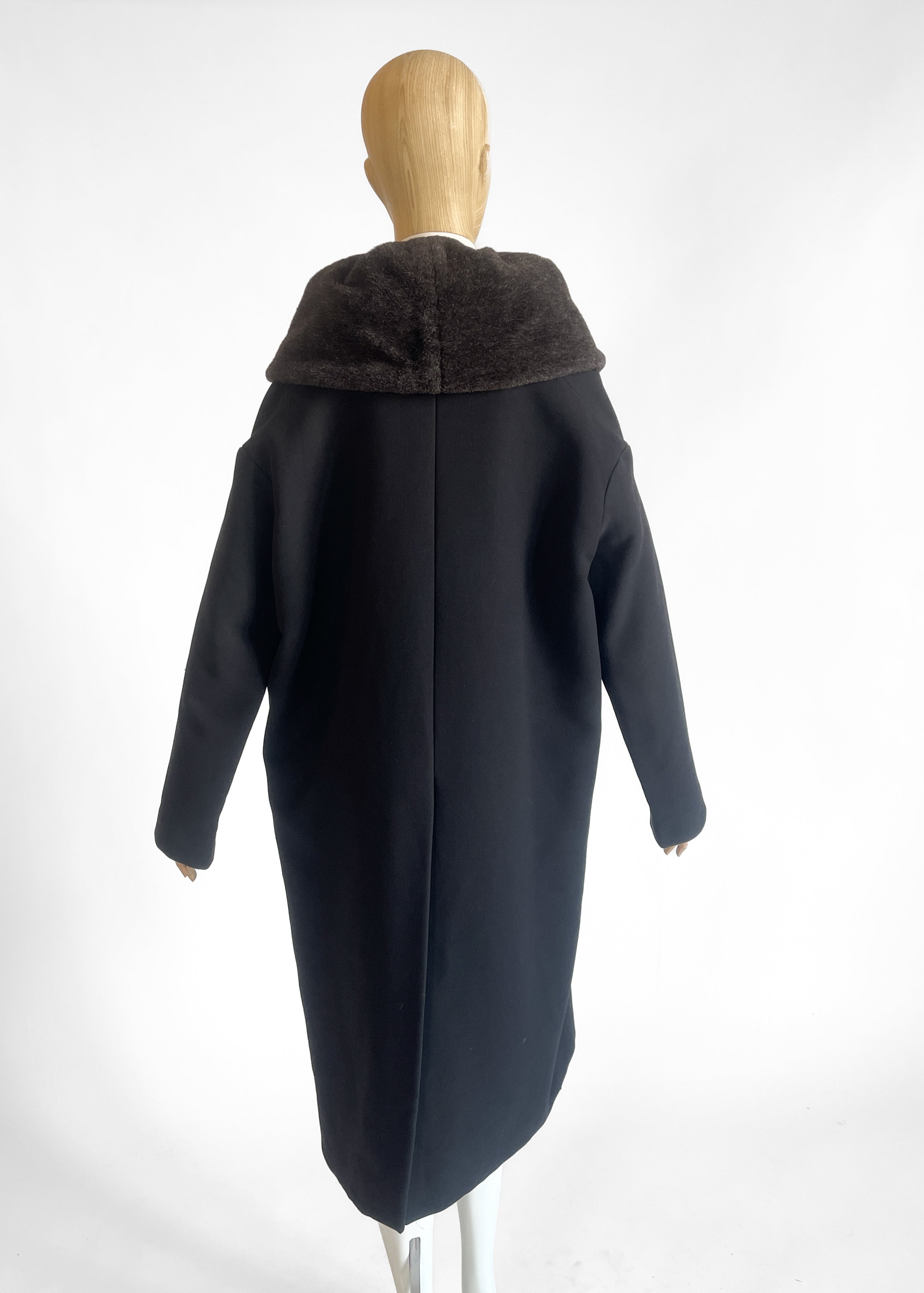 Romeo Gigli Fall 1996 Black Wool Coat — Shawl Collar, Faux Fur Trim