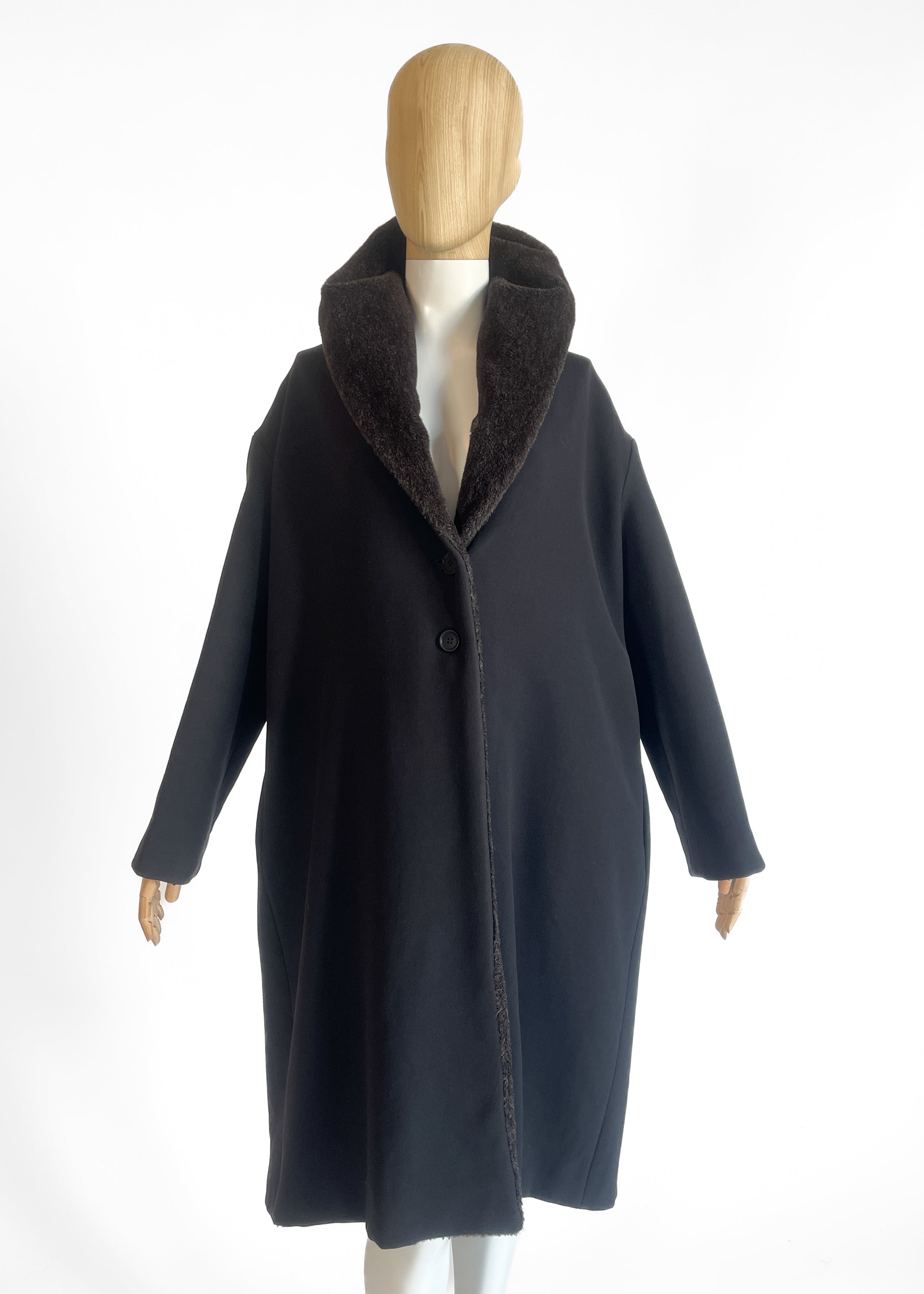 Romeo Gigli Fall 1996 Black Wool Coat — Shawl Collar, Faux Fur Trim