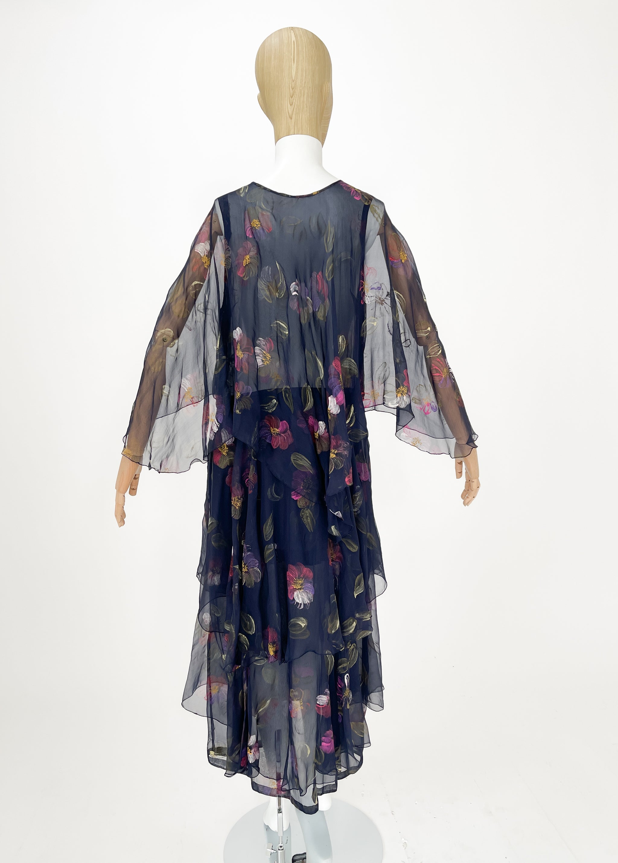 Vintage 1970s Italian Hand Painted Silk Tiered Dress