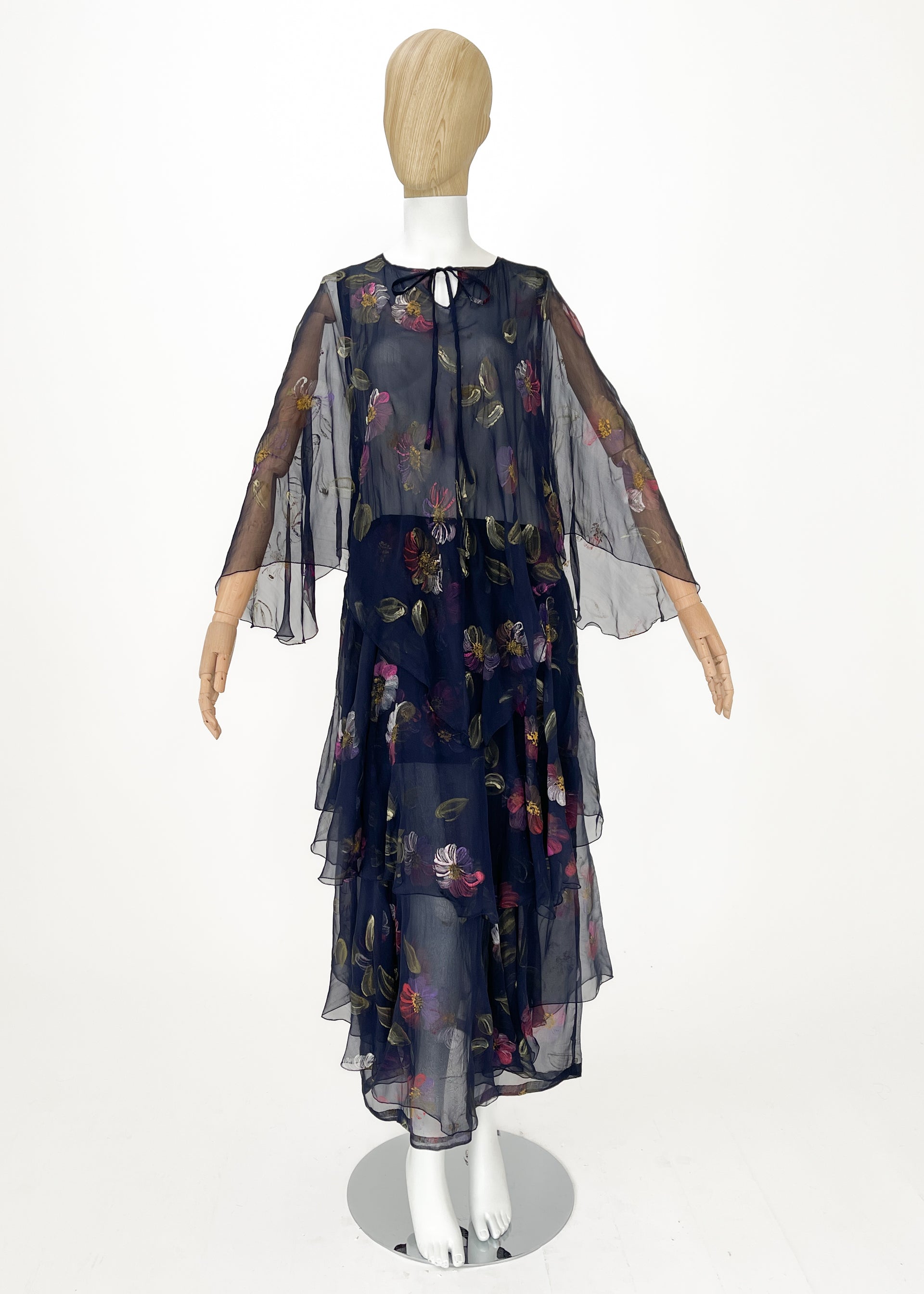 Vintage 1970s Italian Hand-Painted Silk Chiffon Tiered Maxi Dress