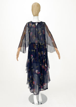 Vintage 1970s Italian Hand Painted Silk Tiered Dress