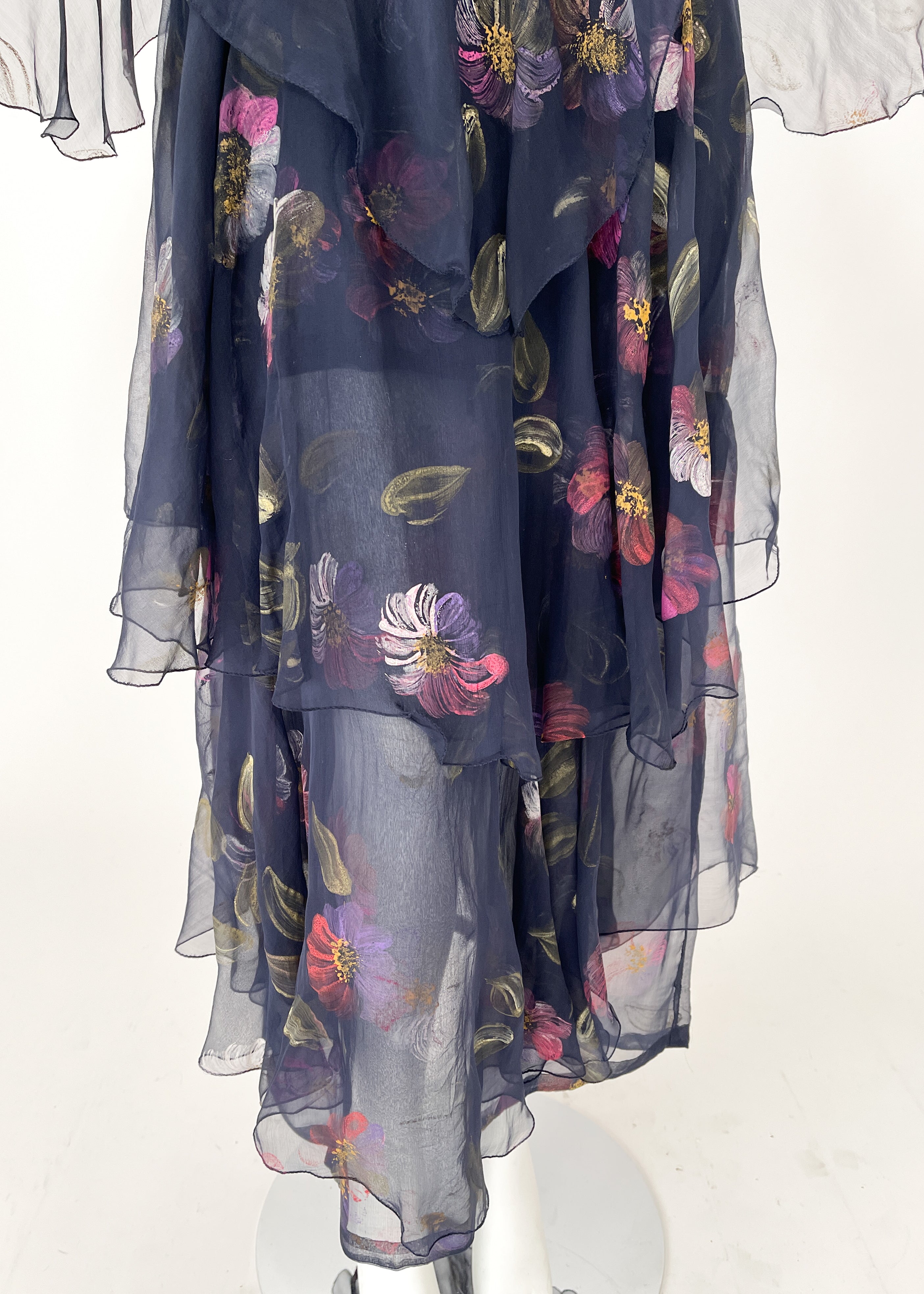 Vintage 1970s Italian Hand Painted Silk Tiered Dress