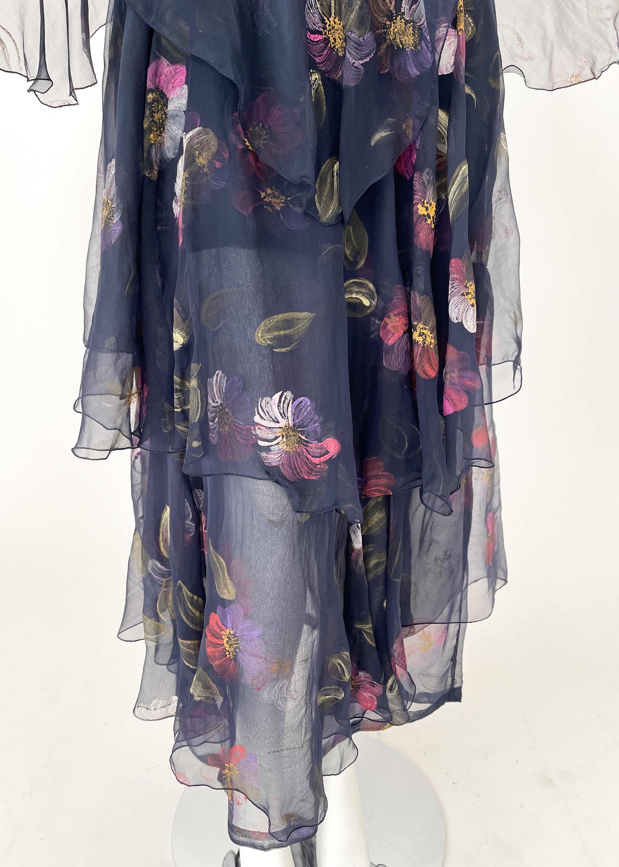 Vintage 1970s Italian Hand Painted Silk Tiered Dress