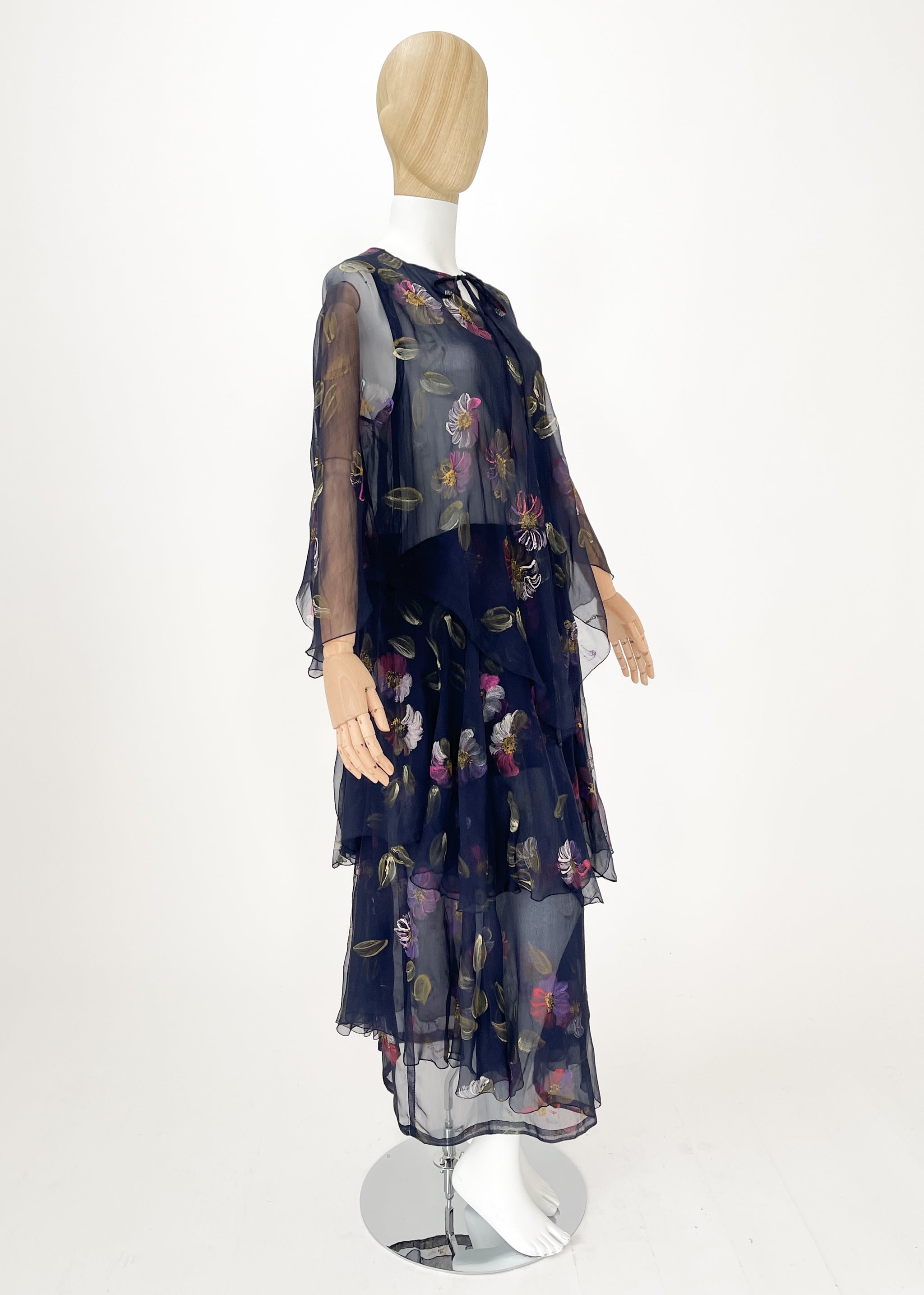 Vintage 1970s Italian Hand Painted Silk Tiered Dress