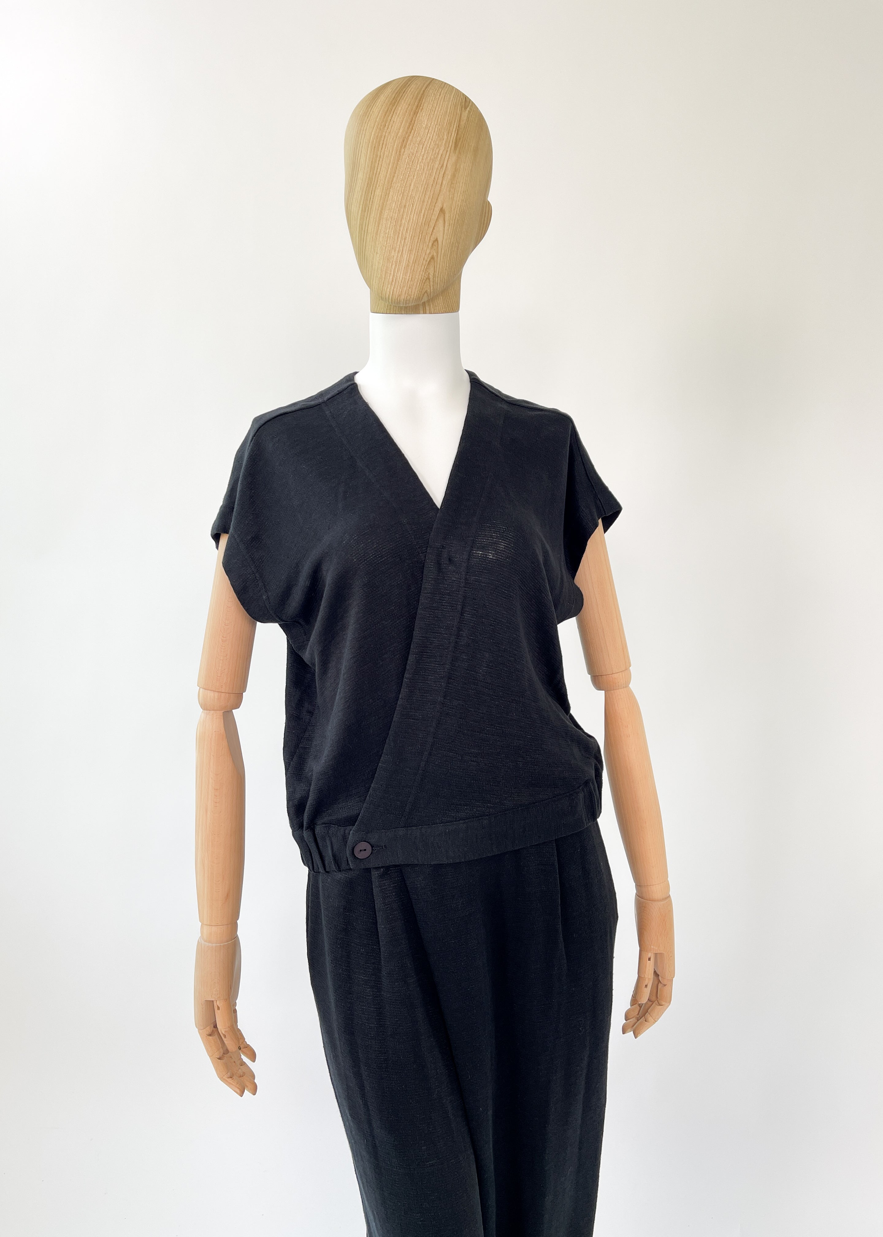 1990s Issey Miyake Plantation Black Linen Pant Set — Wrap Top