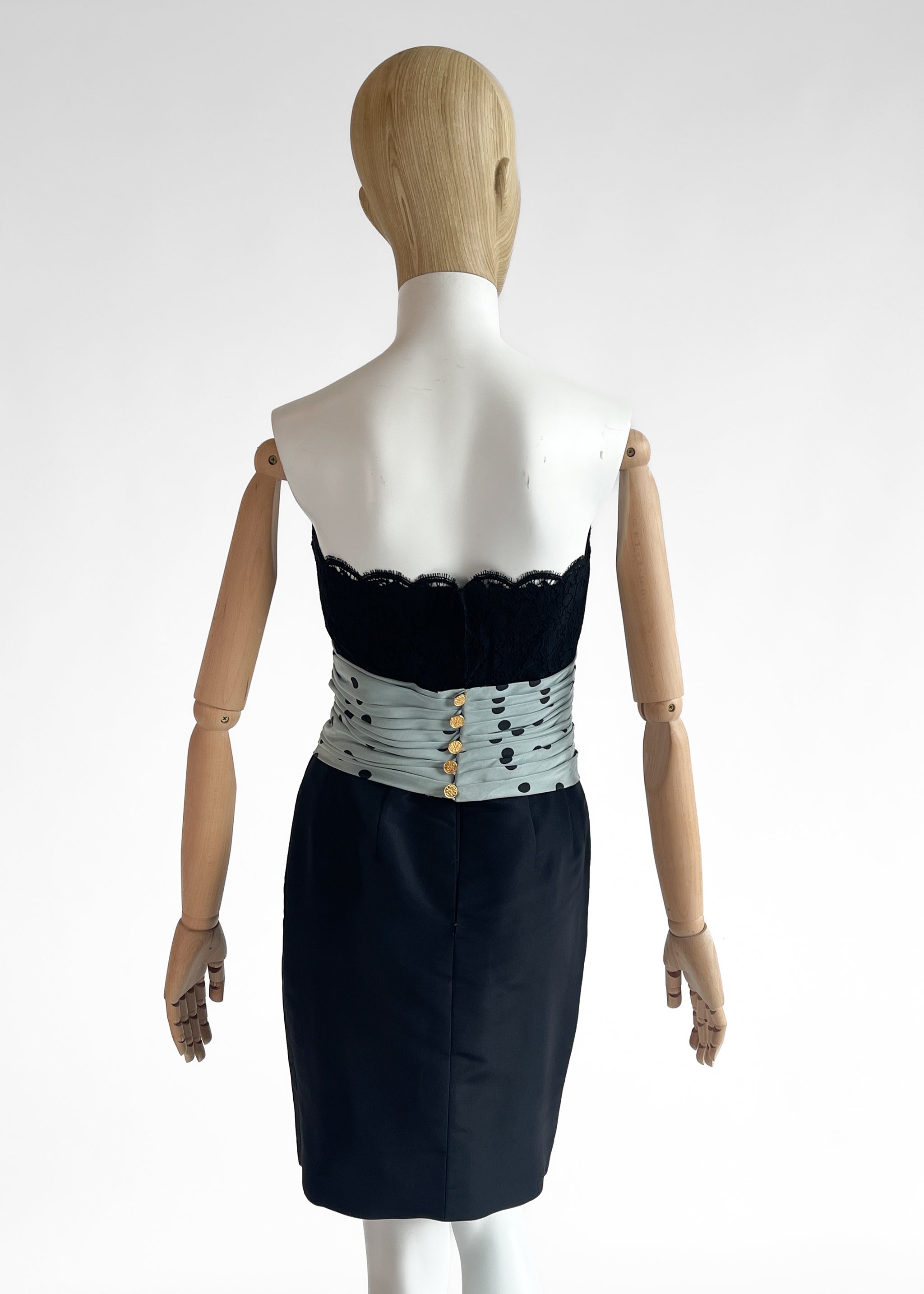 vintage chanel cocktail dress Vintage Chanel Haute Couture Spring 1994 Navy Blue Chiffon Dress with Integrated Corset and Brooch