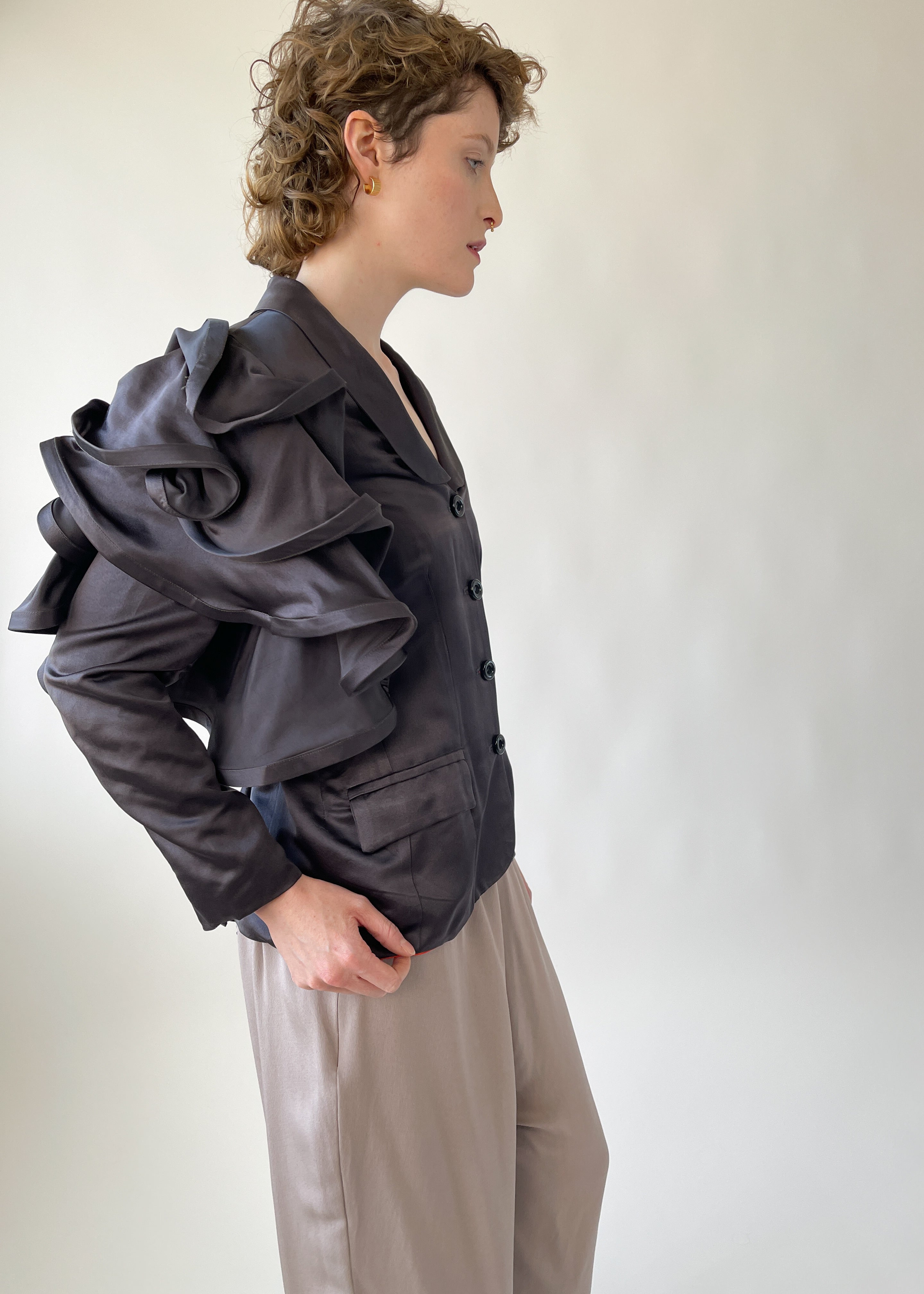 Purple Satin Ruffle Sleeve Blazer