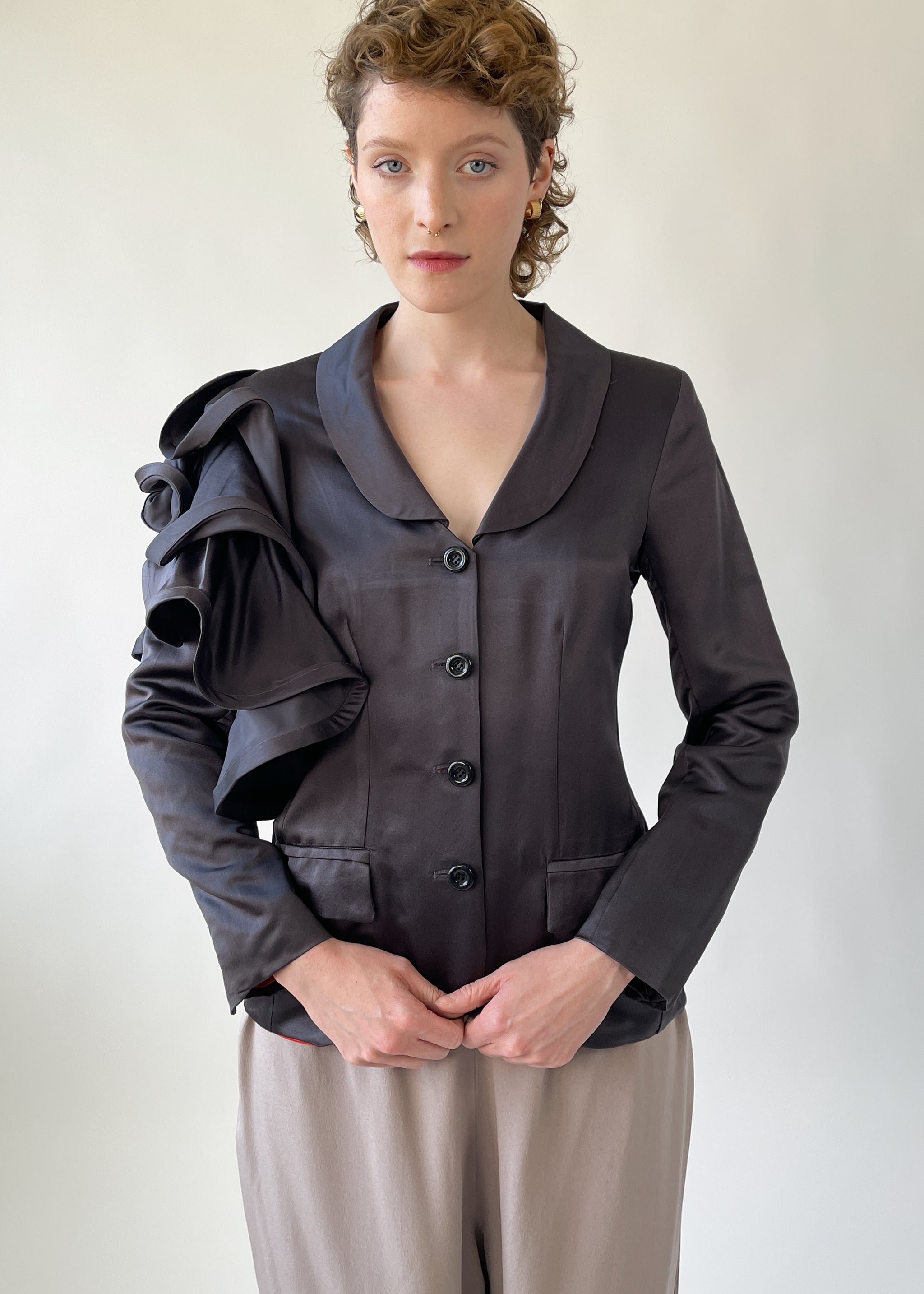 Purple Ruffle Jacket Purple Satin Ruffle Sleeve Blazer - Raleigh Vintage