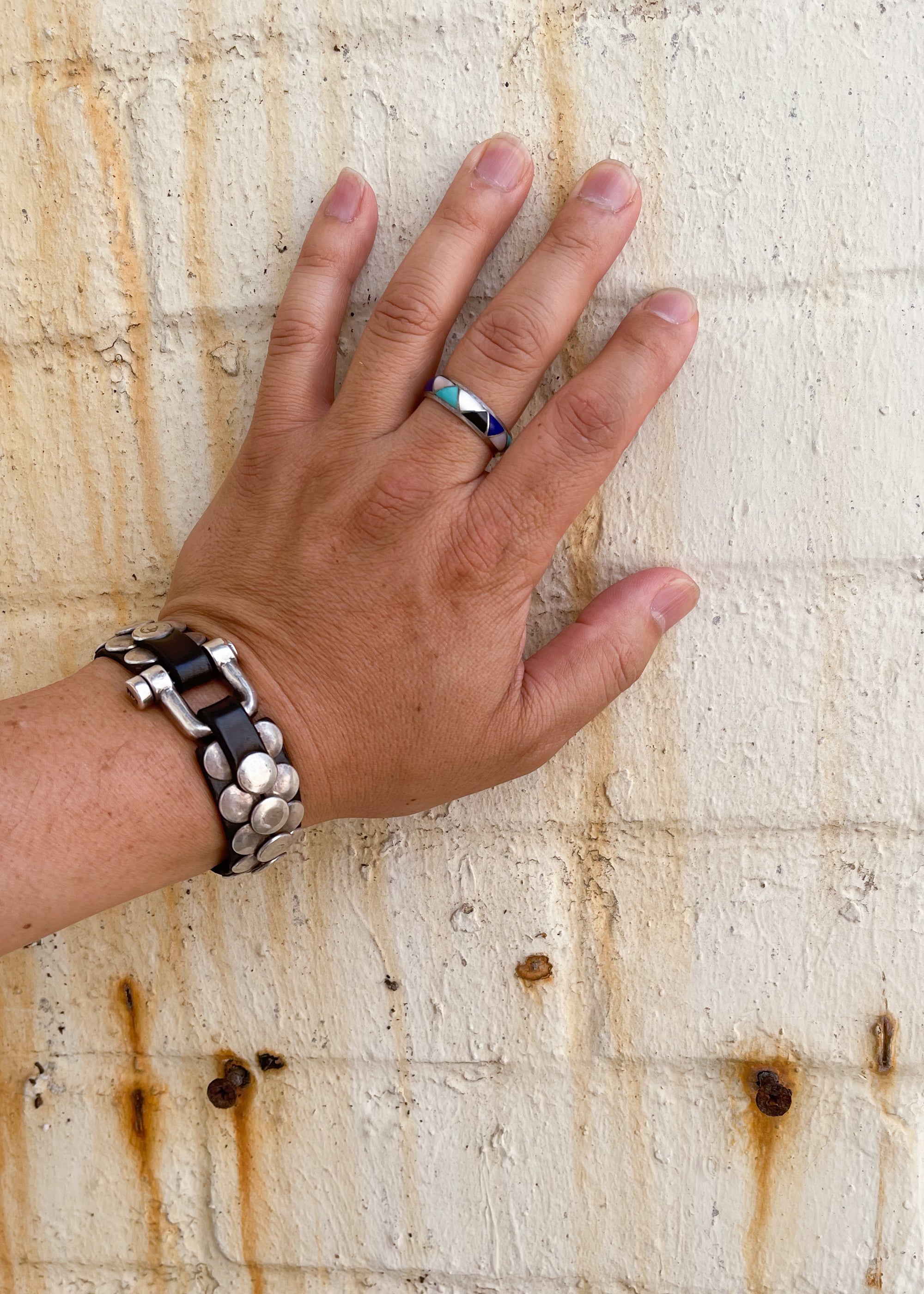 Vintage Inlaid Multi-Stone Silver Band