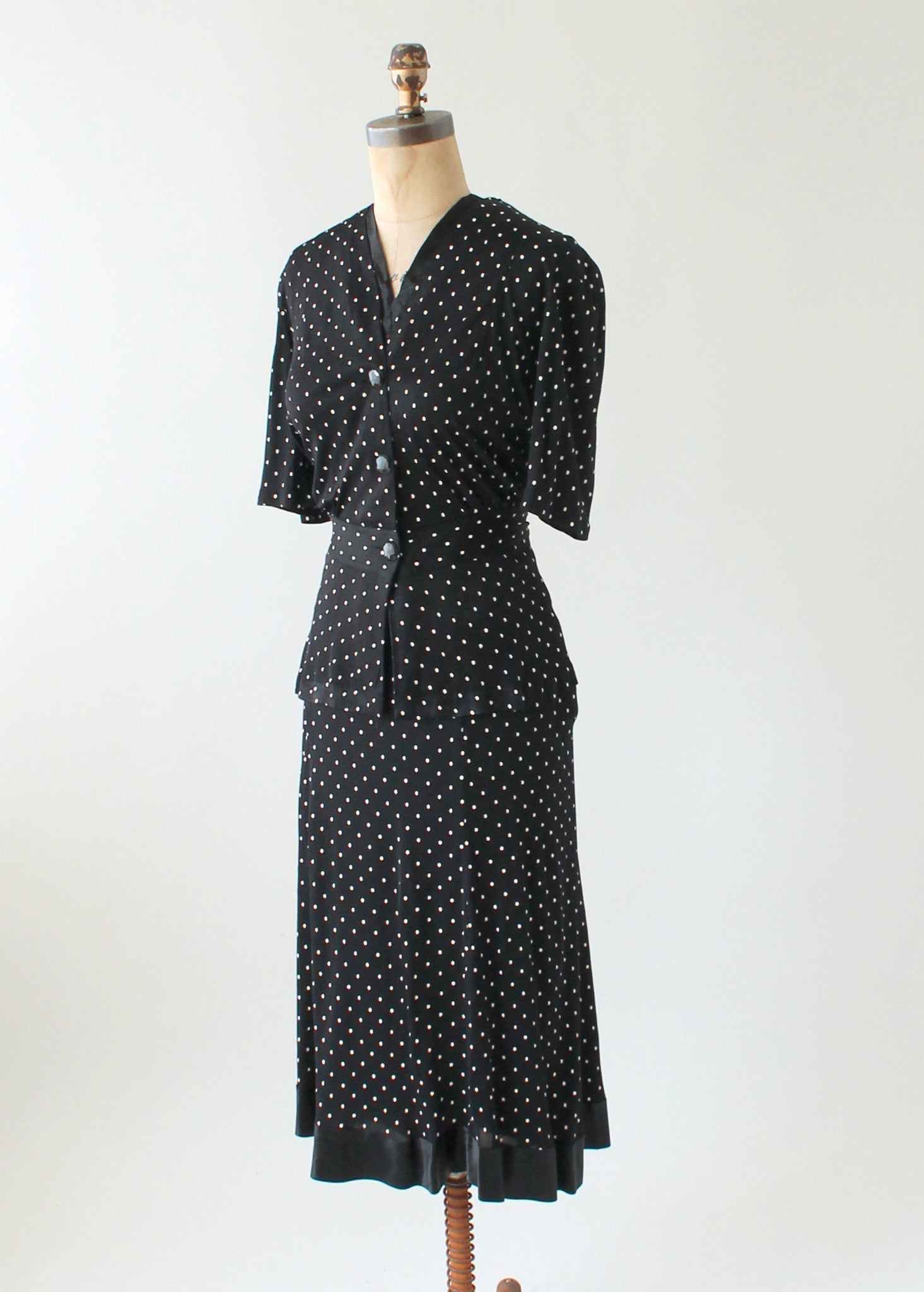 Vintage 1930s Black Polka Dot Rayon Jersey Suit Dress