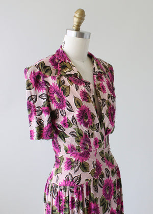 Vintage Early 1940s Fuchsia Floral Jersey Day Dress