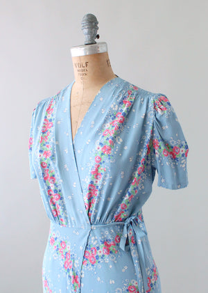 Vintage 1940s Blue Floral Gown with Matching Robe