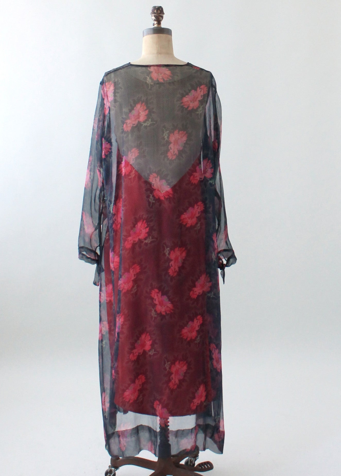 Vintage 1920s Navy and Pink Floral Silk Chiffon Dress