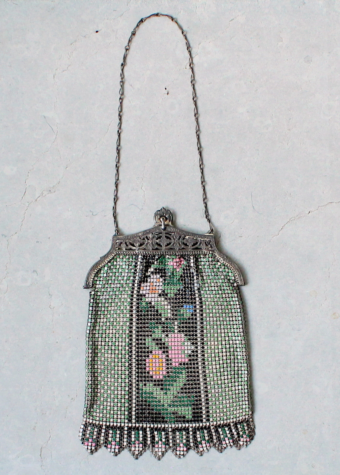 Vintage 1920s Floral Painted Mesh Purse