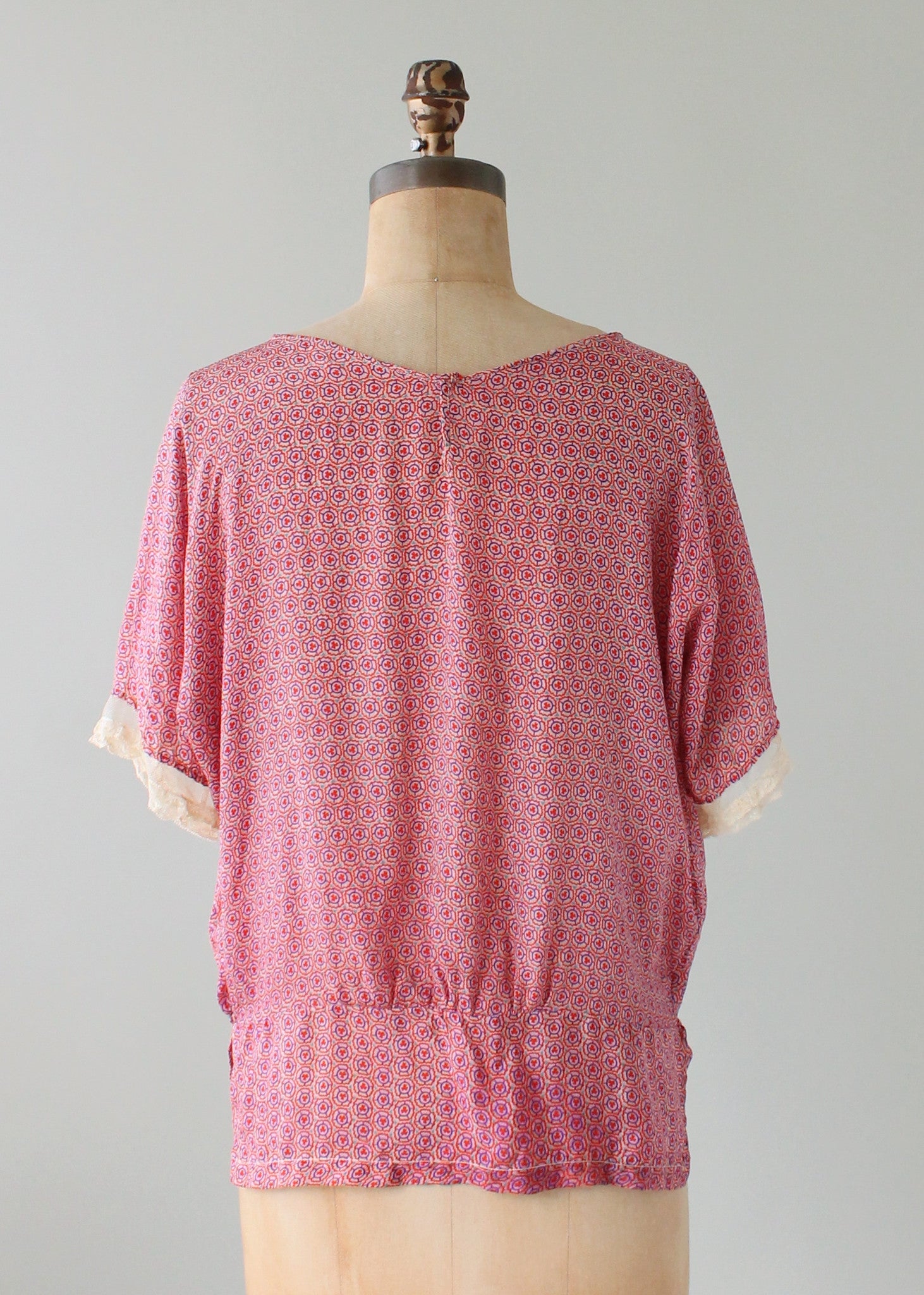 Vintage 1920s Pink Print Silk and Lace Blouse