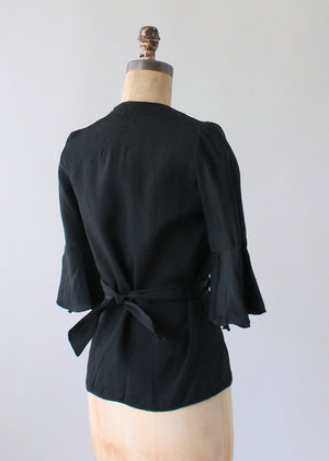 Vintage 1930s Black Crepe Tie Front Jacket
