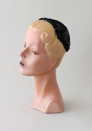 Vintage 1930s Black Sequined Skull Cap