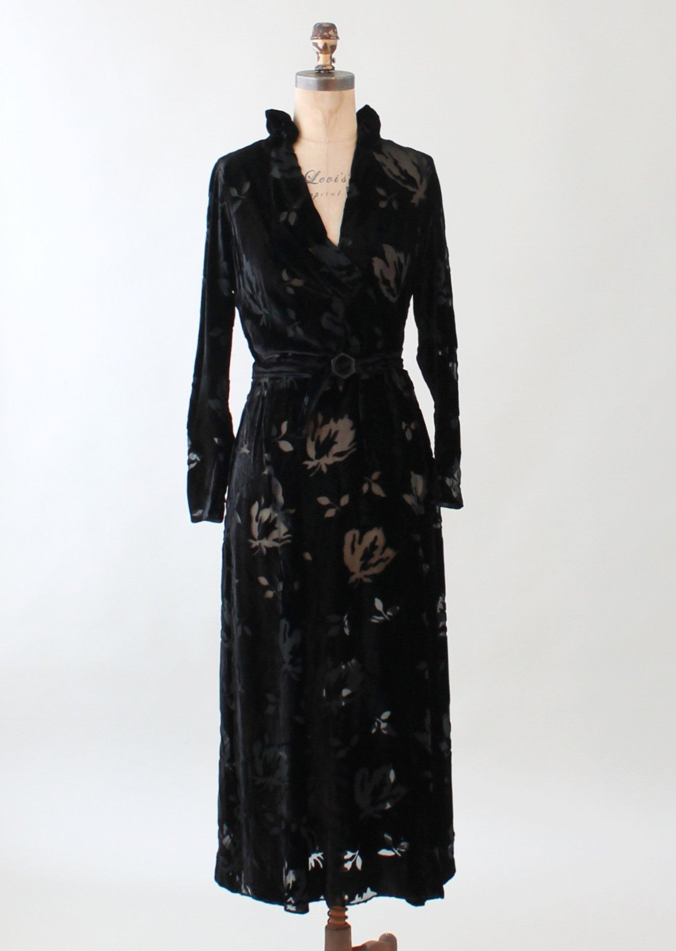 black velvet dress vintage Vintage 1930s Black Burnout Velvet Dress
