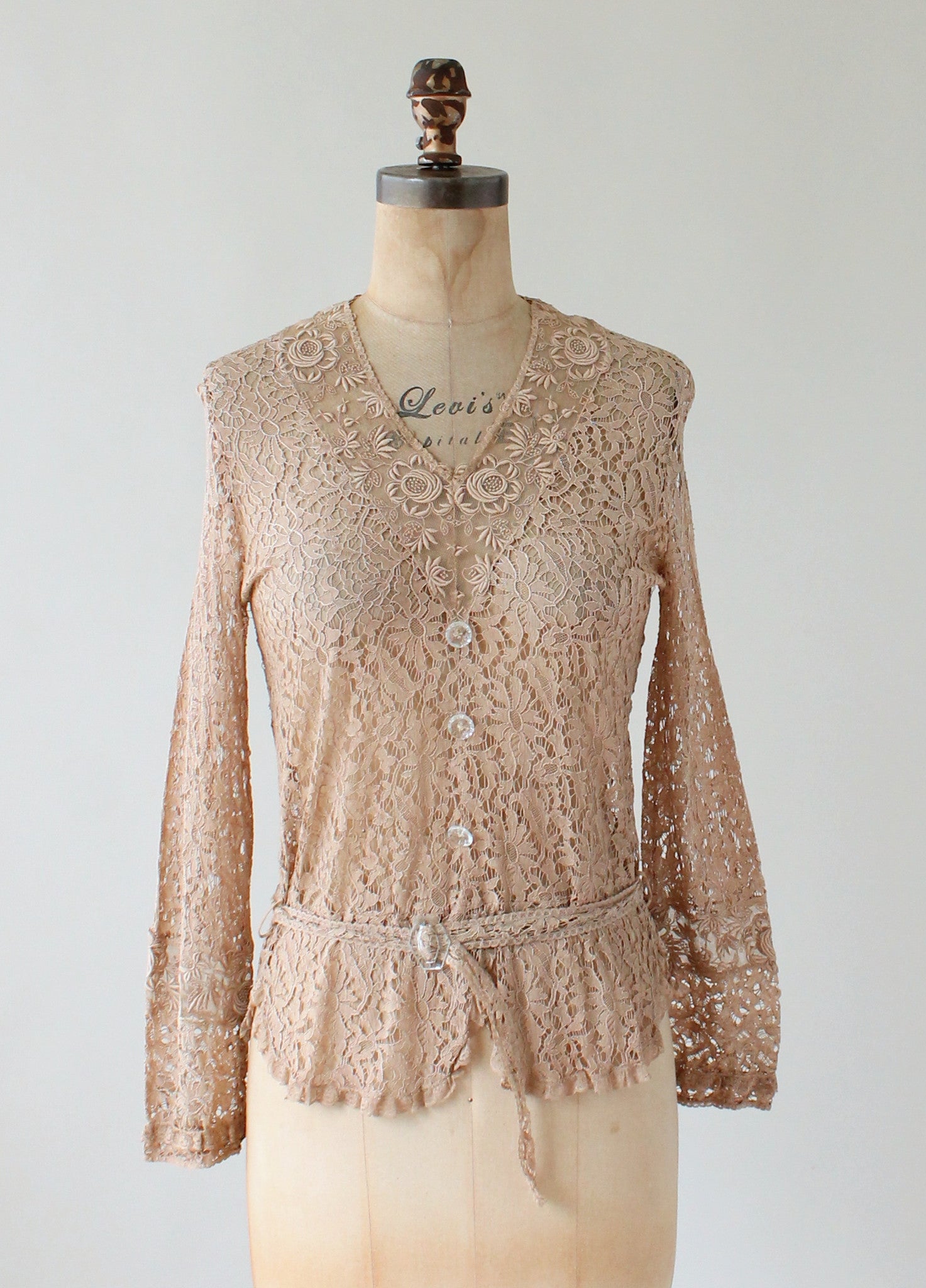 Vintage 1920s–30s Ecru Lace Blouse with Glass Buttons